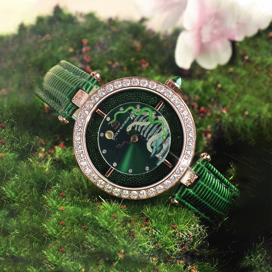 12 Zodiac Collection - Snake Watch 34mm (Green Dial with Moving Snake Hands and Leather Strap) - 4B06GL - Scene Graph - Black By Blue Brave
