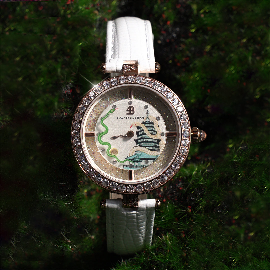 12 Zodiac Collection - Snake Watch 34mm (White Dial with Moving Snake Hands and Leather Strap) - 4B06WL - Scene Graph - Black By Blue Brave