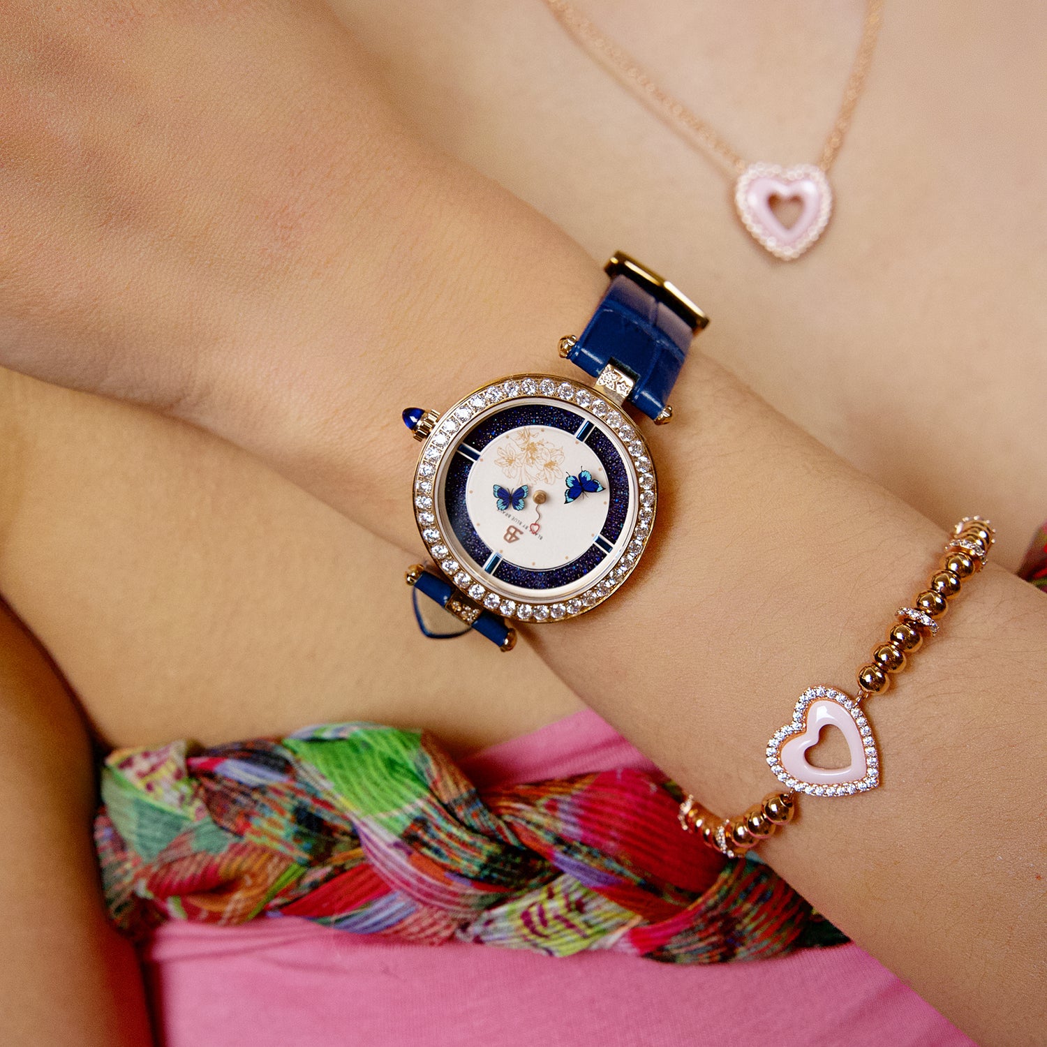 Butterfly Lovers 34mm Blue Dial Moving Butterfly Hands Leather Strap Watch - 4B11114 - wrist - Black By Blue Brave