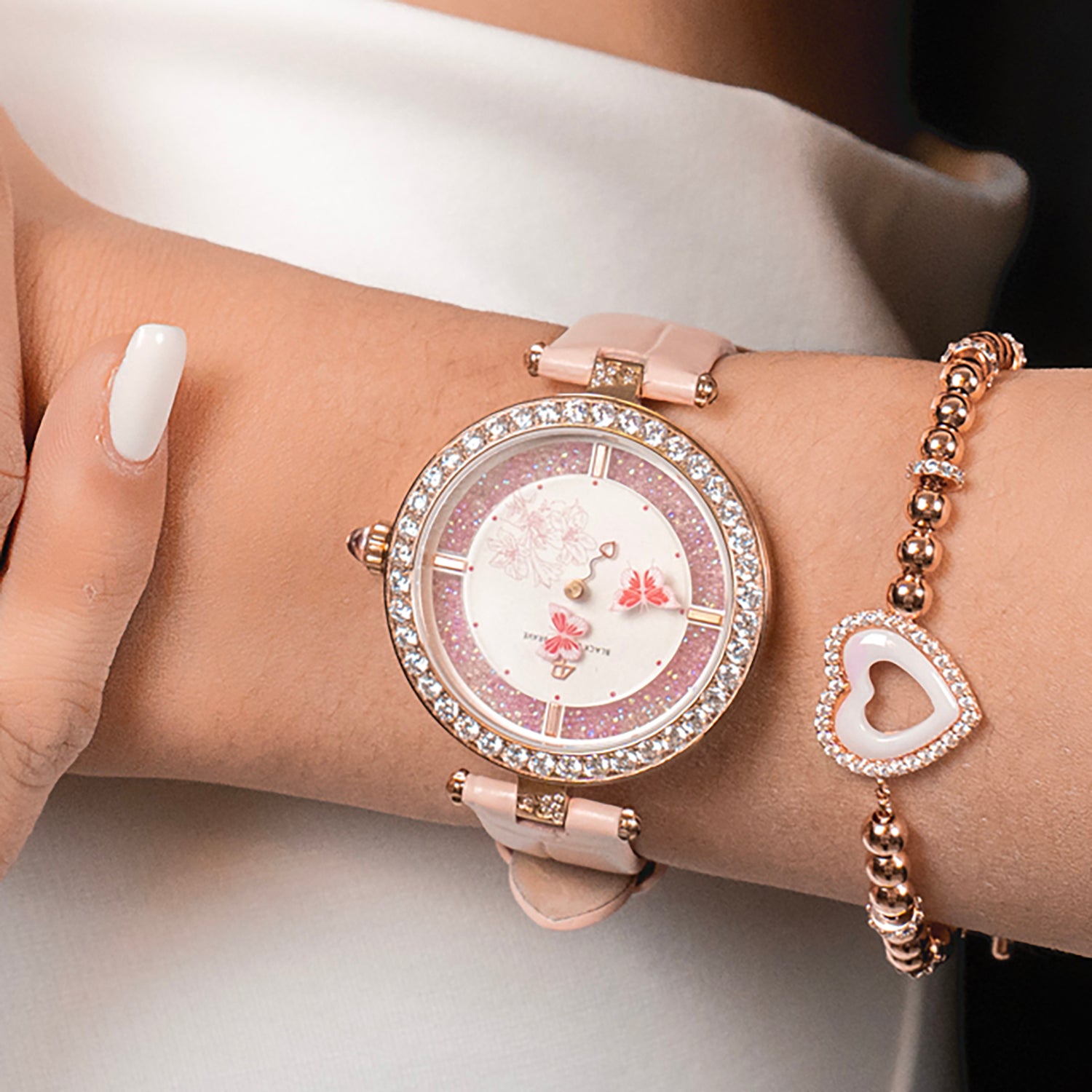 Butterfly Lovers 34mm Pink Dial Moving Butterfly Hands Leather Strap Watch - 4B11115 - wrist - Black By Blue Brave