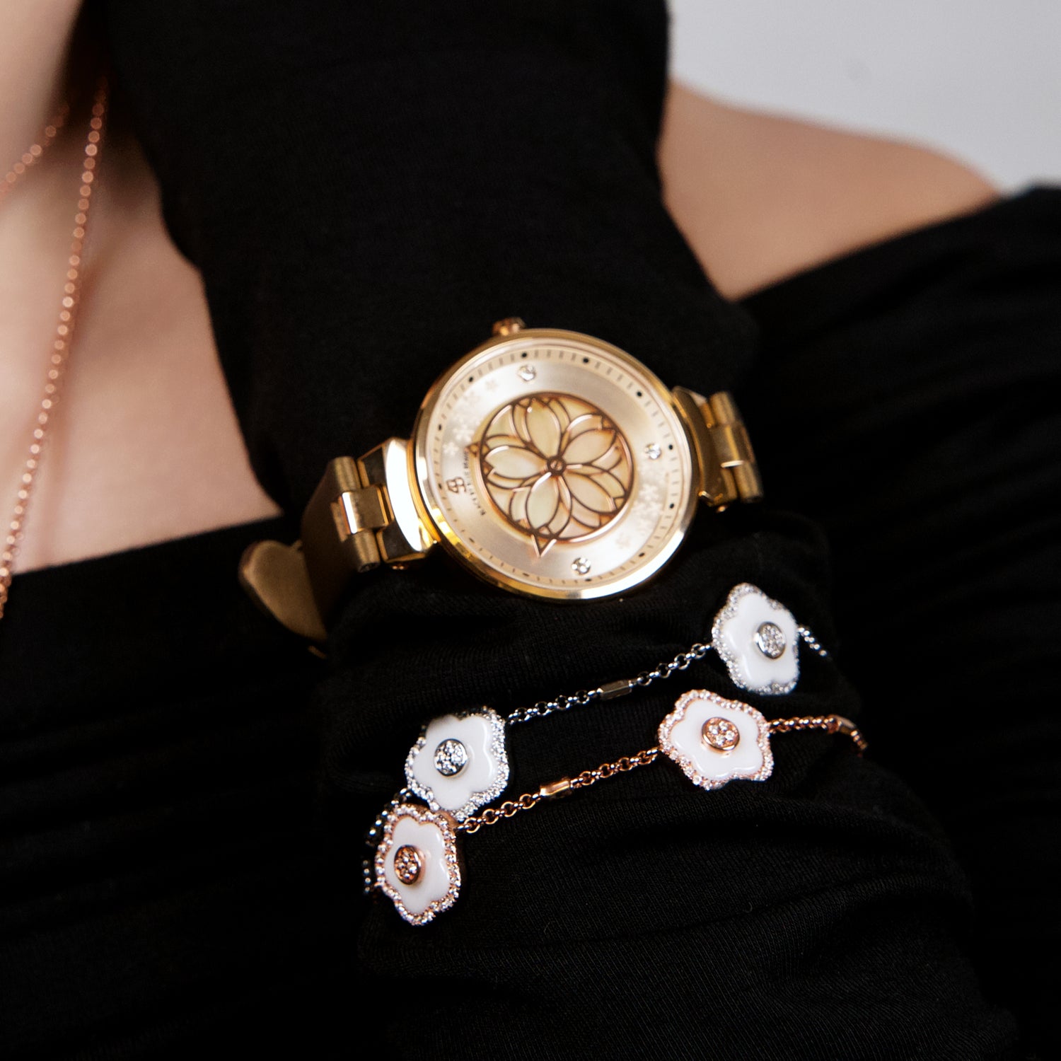 Women's Watches-Champagne Cherry Blossom Watch-Leather Strap Watch