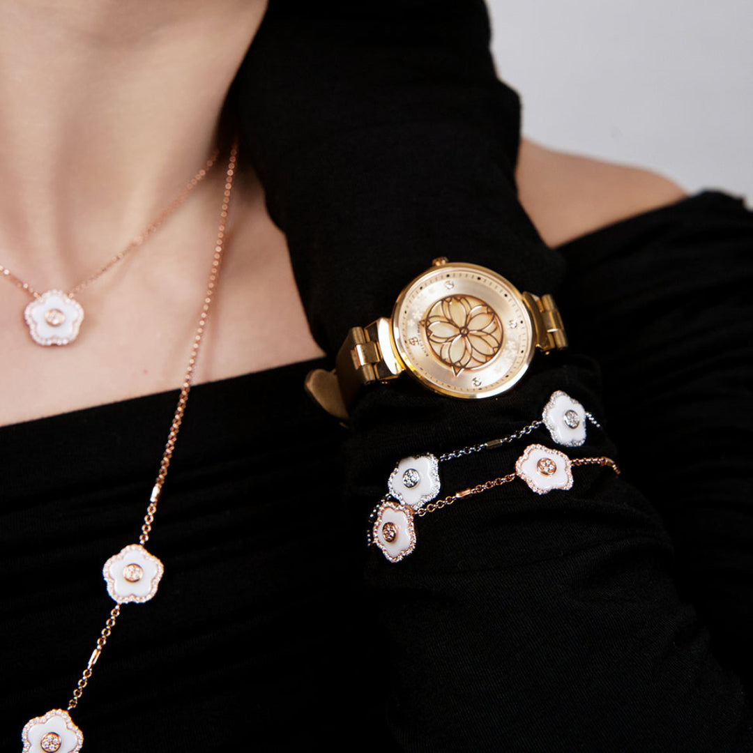 Cherry Blossom Champagne Mother Of Pearl Dial Sakura Petal Hand Leather Strap Watch - 4B11104 - wrist - Black By Blue Brave