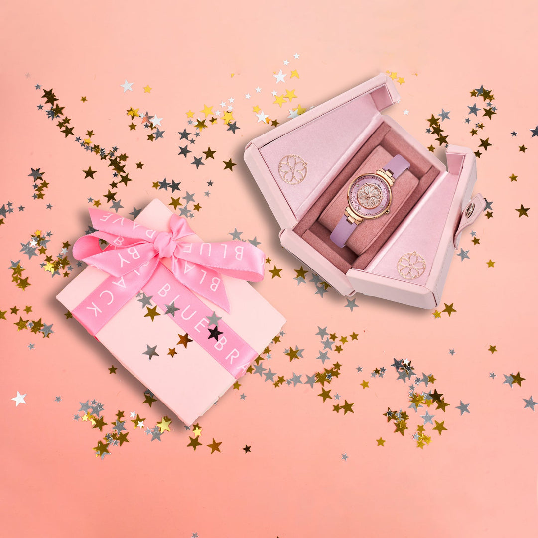 Cherry Blossom Pink Mother Of Pearl Dial Genuine Diamonds Sakura Petal Hand Leather Strap Watch - 4B11105 - Gift Box - Black By Blue Brave