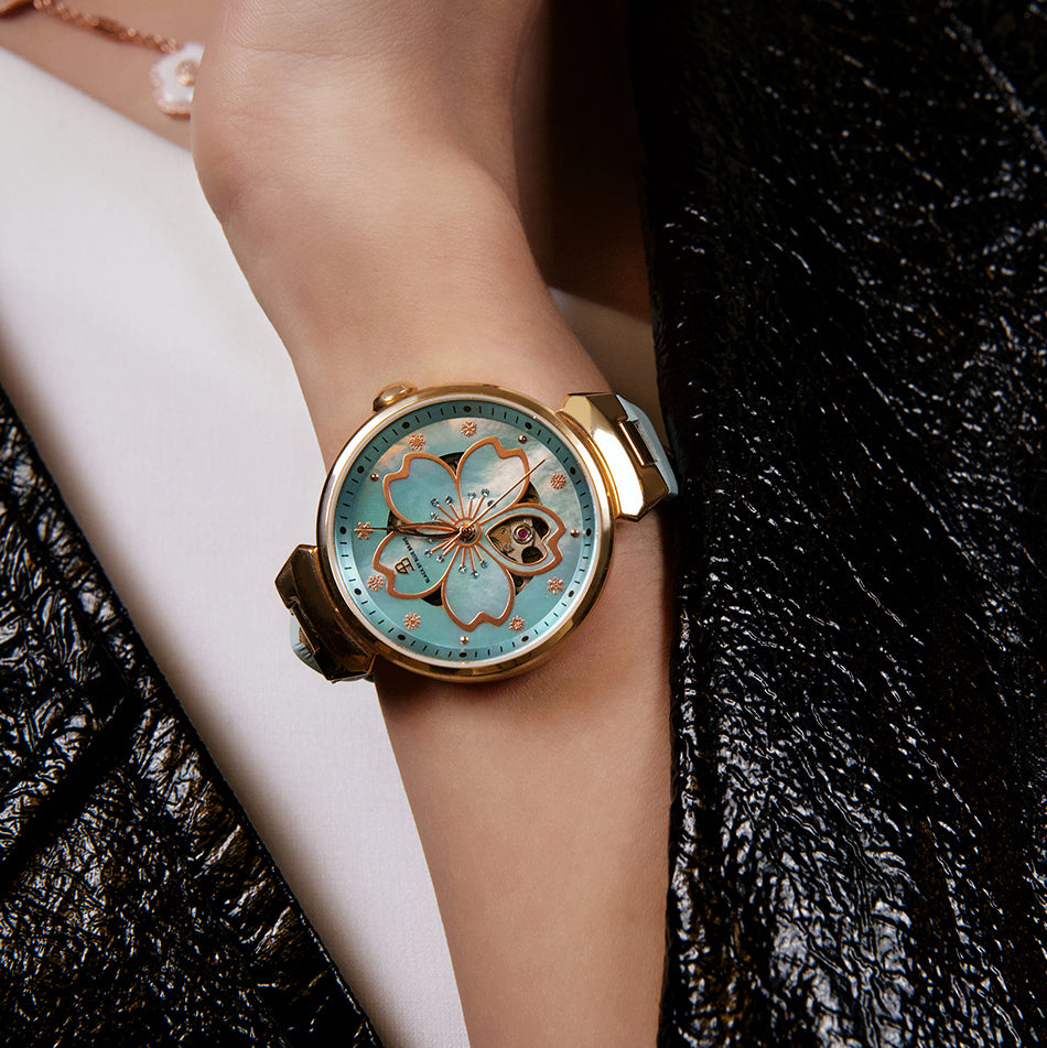 Cherry Blossom 36mm Blue Mother Of Pearl Dial Leather Strap Automatic Watch - 4B1195 - wrist - Black By Blue Brave