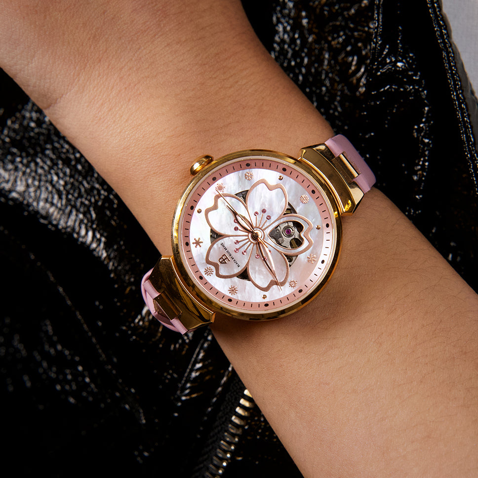 Cherry Blossom 36mm Pink Mother Of Pearl Dial Leather Strap Automatic Watch - 4B1196 - wrist - Black By Blue Brave