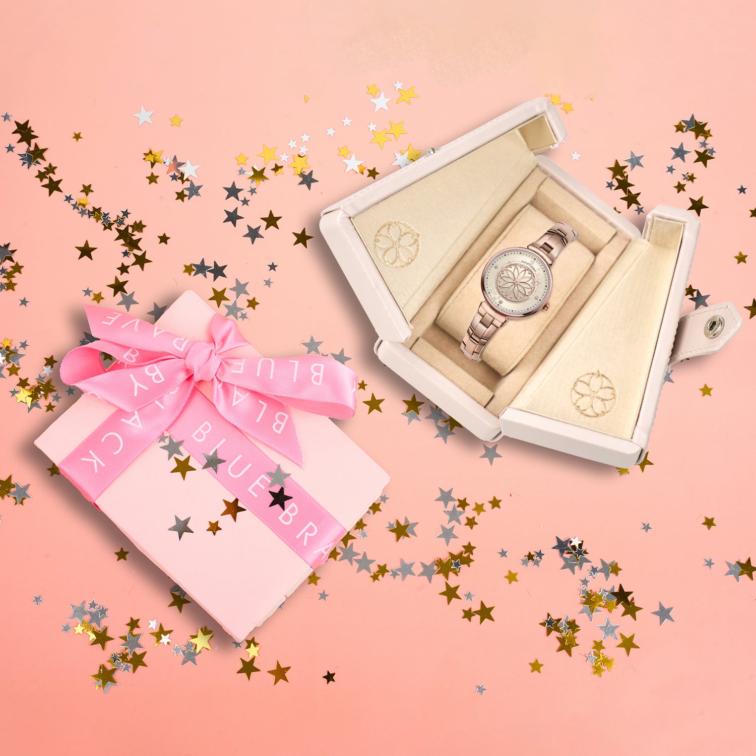 Cherry Blossom 32mm Champagne Mother Of Pearl Dial Sakura Petal Hand Rose Gold Bracelet Watch - 4B1208 - Gift Box - Black By Blue Brave