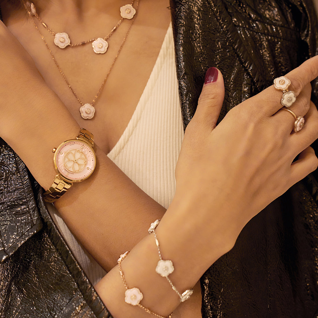 Cherry Blossom 32mm Pink Mother Of Pearl Dial Genuine Diamonds Sakura Petal Hand Rose Gold Bracelet Watch - 4B1210 - wrist - Black By Blue Brave