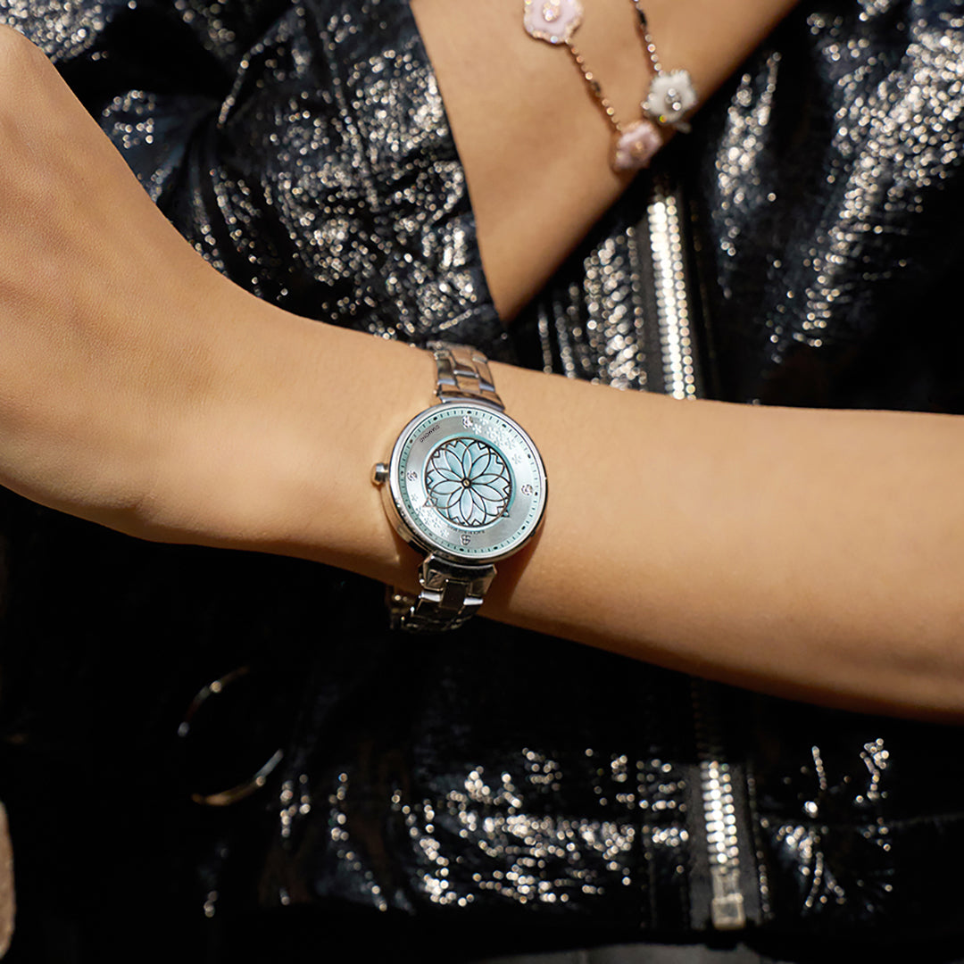 Cherry Blossom 32mm Blue Mother Of Pearl Dial Genuine Diamonds Sakura Petal Hand Silver Bracelet Watch - 4B1211 - wrist - Black By Blue Brave