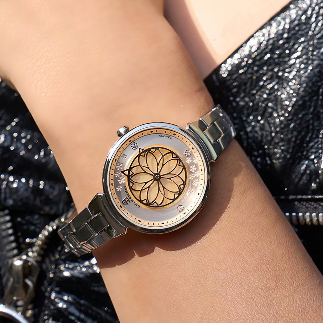 Cherry Blossom 32mm Champagne Mother Of Pearl Dial Genuine Diamonds Sakura Petal Hand Silver Bracelet Watch - 4B1213 - wrist - Black By Blue Brave