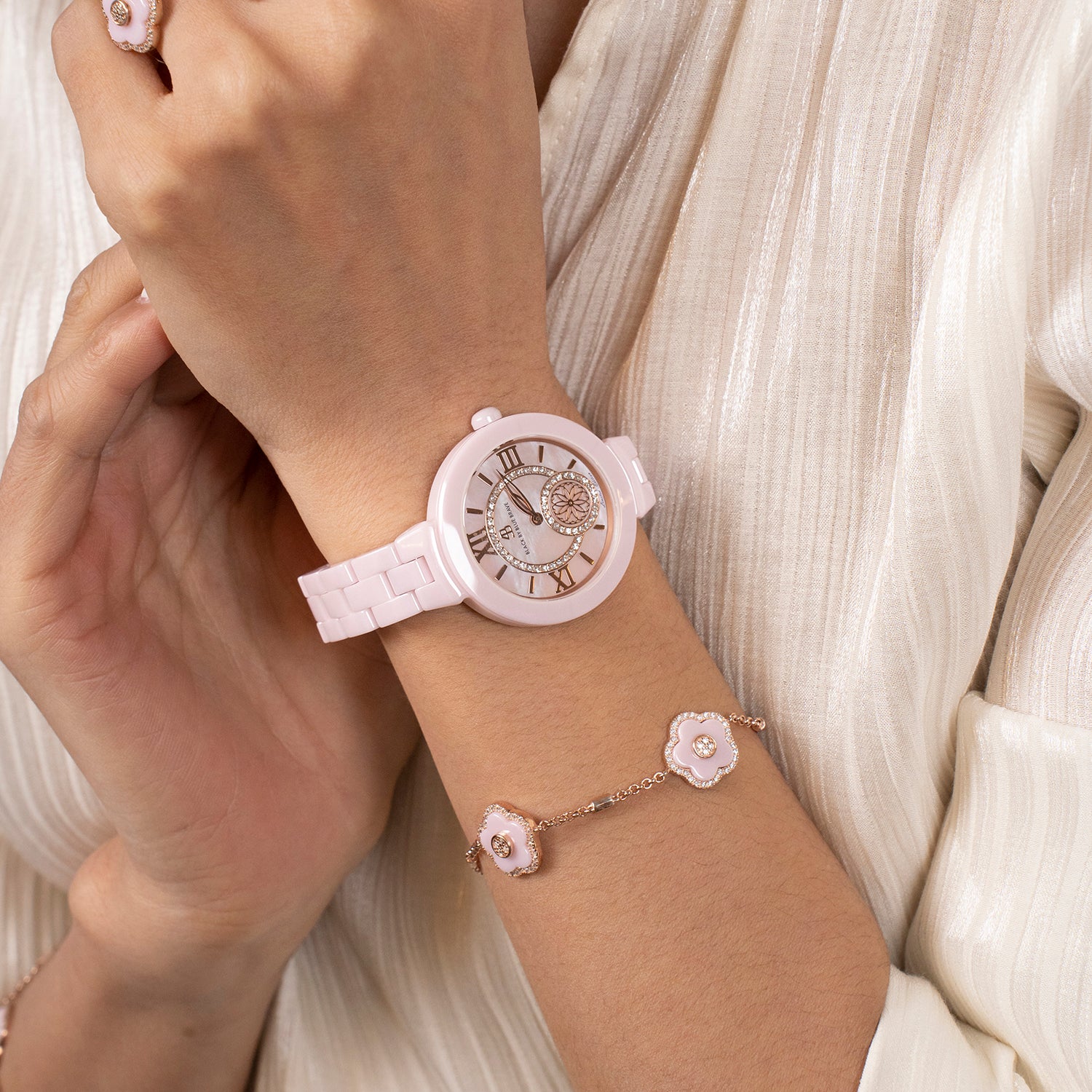 Cherry Blossom 34mm Pink Mother Of Pearl Dial Roma Numeral Ceramic Watch - 4B1231 - wrist - Black By Blue Brave