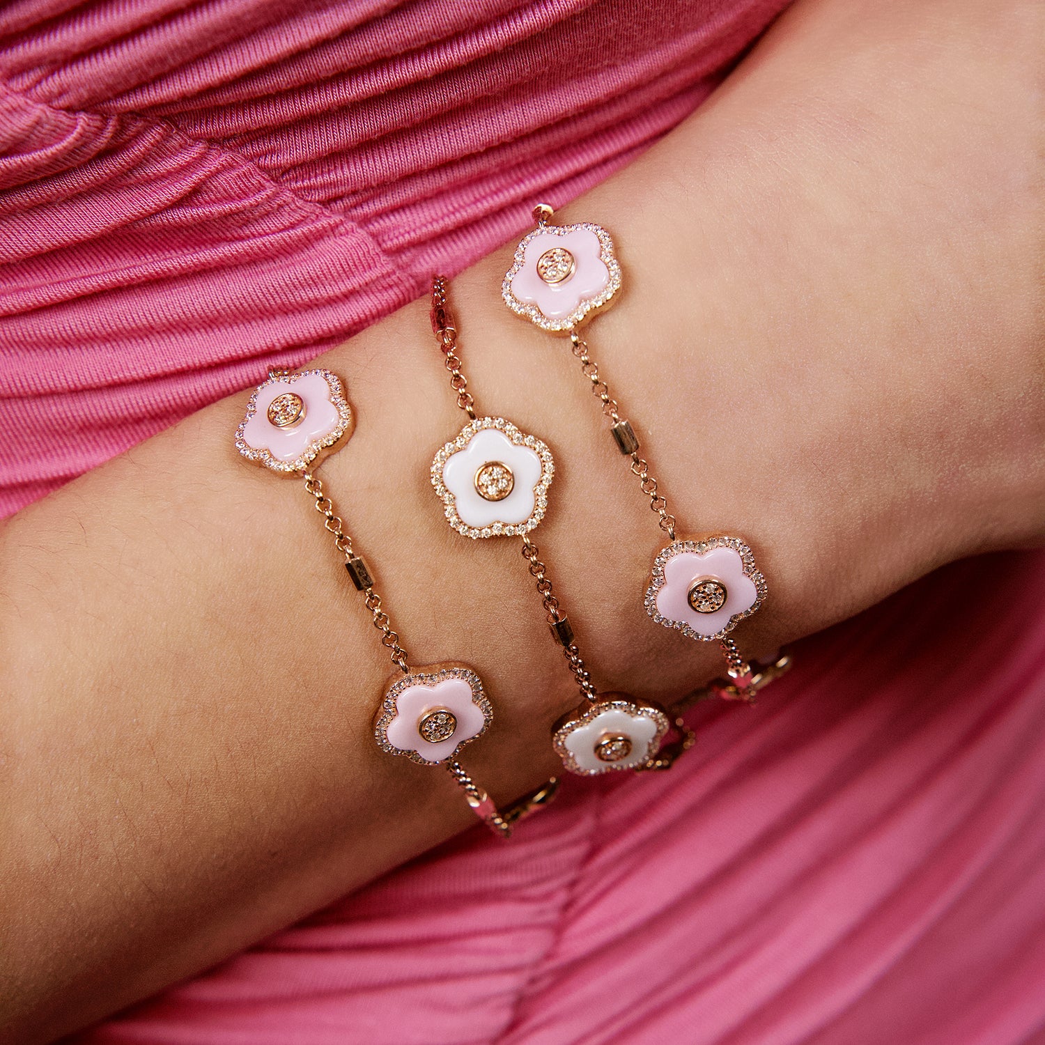 Cherry Blossom Ceramic Three Pink Ceramic Flowers Rosegold Bracelet 18K Rose Gold Plated - 4B4141 - wrist - Black By Blue Brave
