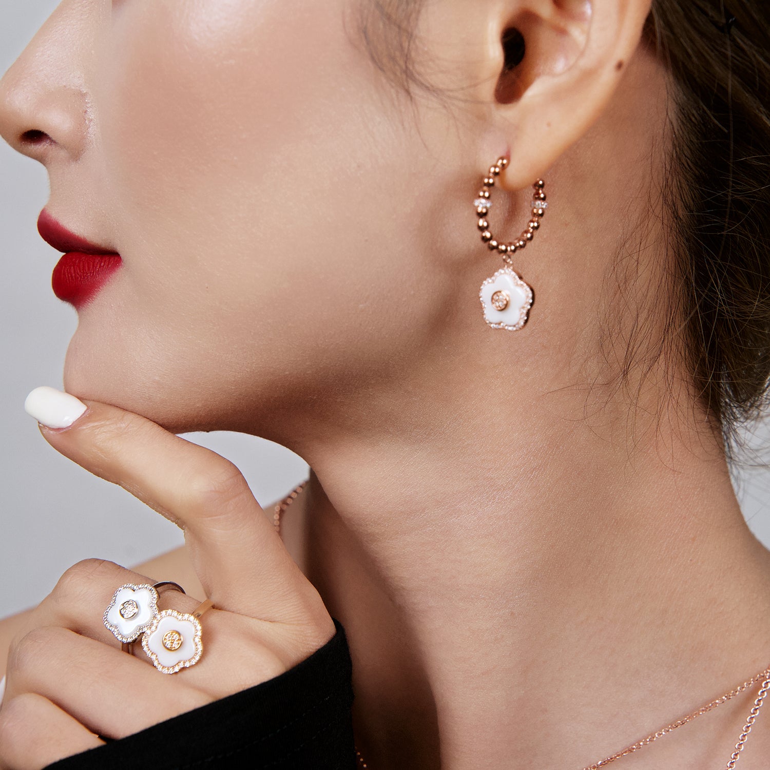 Cherry Blossom Ceramic White Ceramic Flowers Rosegold Earrings 18K Rose Gold Plated - 4B4320 - wear  - Black By Blue Brave
