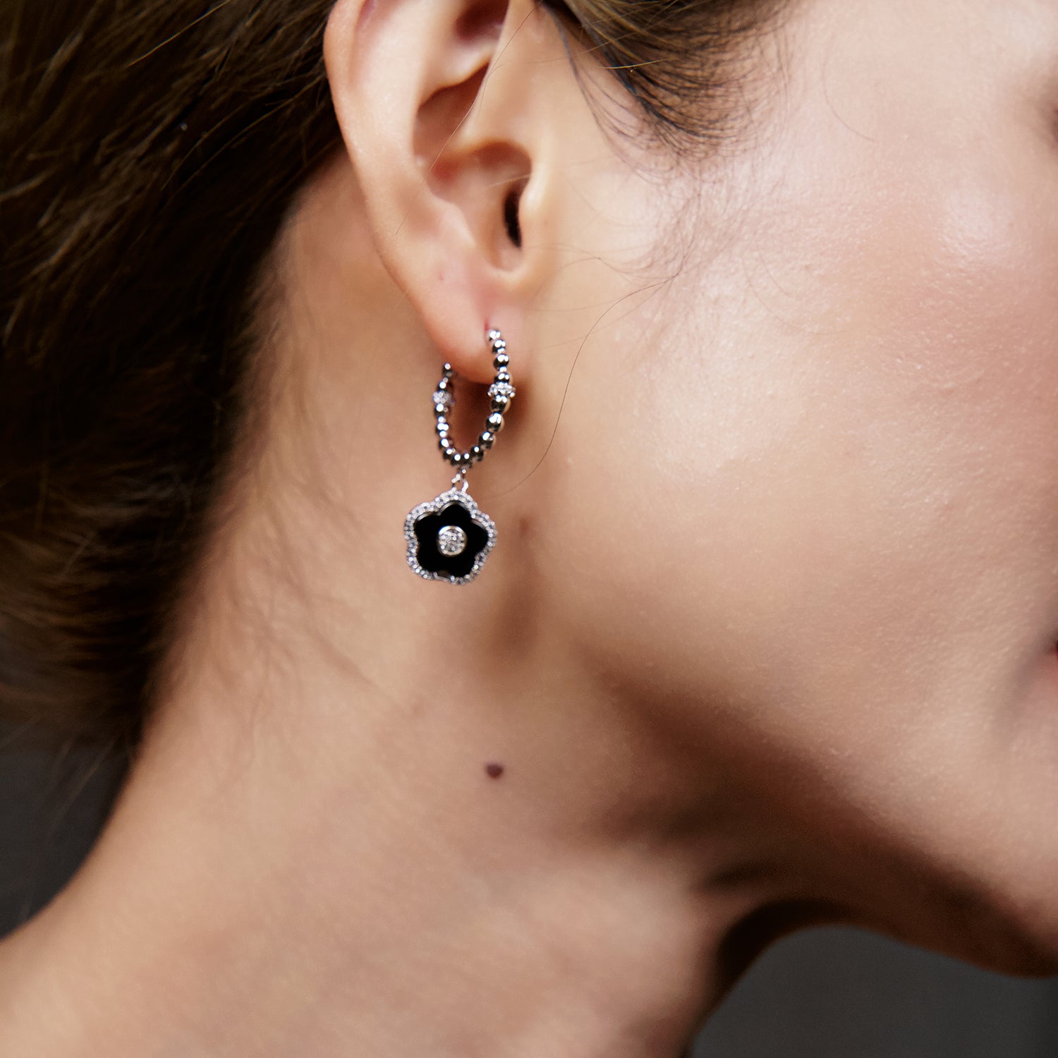 Cherry Blossom Ceramic Black Ceramic Flowers Silver Earrings Silver Platinum Plated - 4B4321 - wear  - Black By Blue Brave
