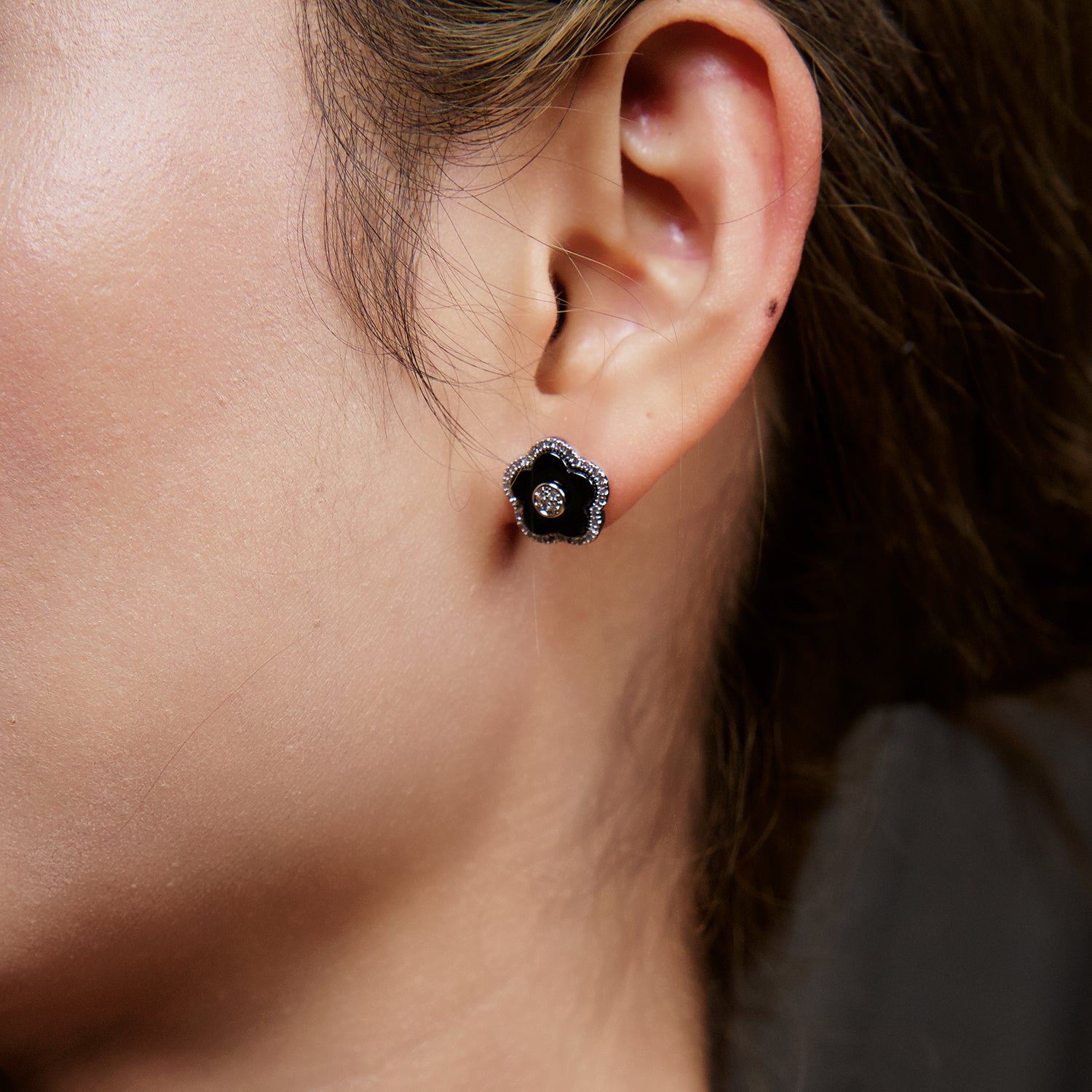 Cherry Blossom Ceramic Black Ceramic Flowers Silver Stud Earrings Silver Platinum Plated - 4B4325 - wear  - Black By Blue Brave
