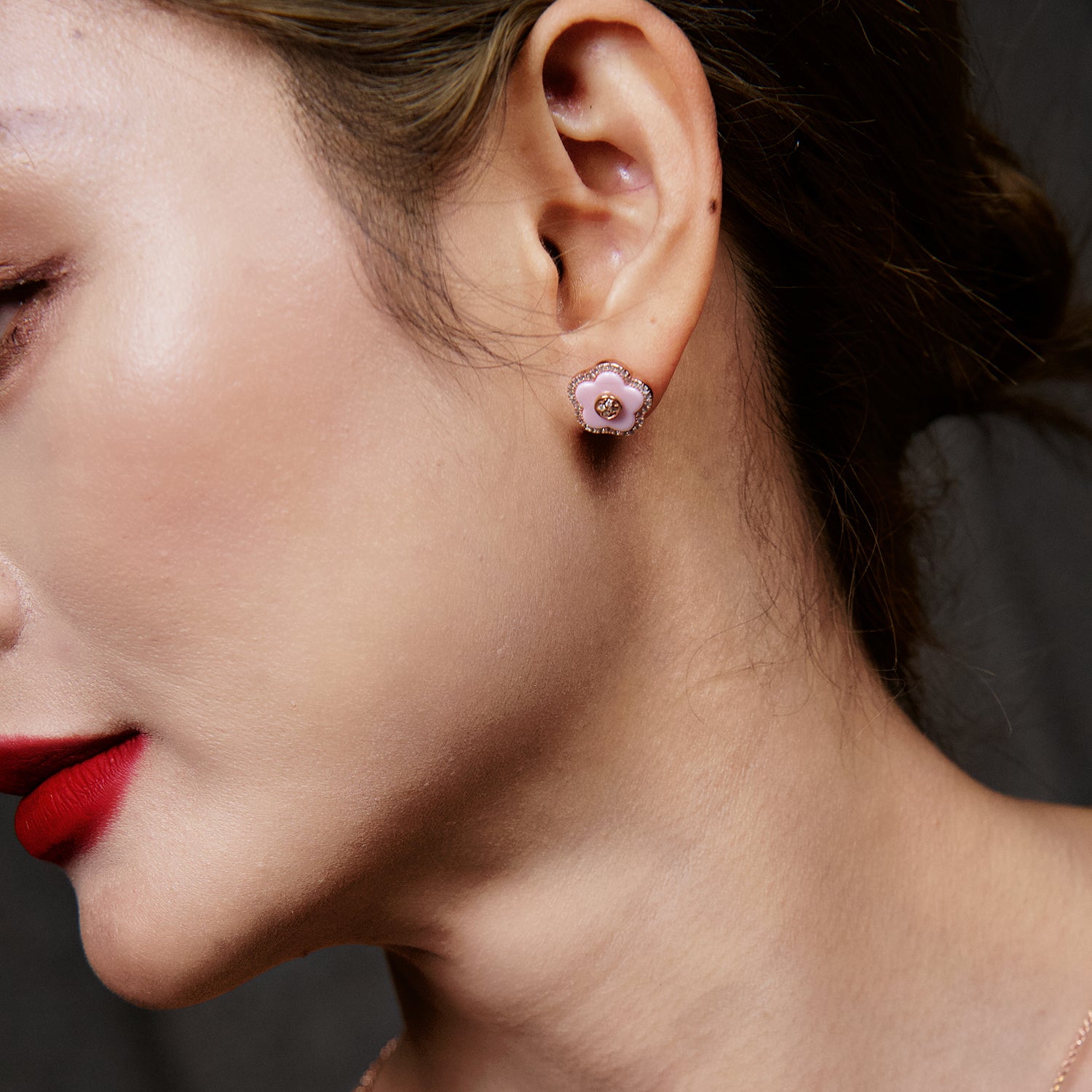 Cherry Blossom Ceramic Pink Ceramic Flowers Rosegold Stud Earrings 18K Rose Gold Plated - 4B4326 - wear  - Black By Blue Brave
