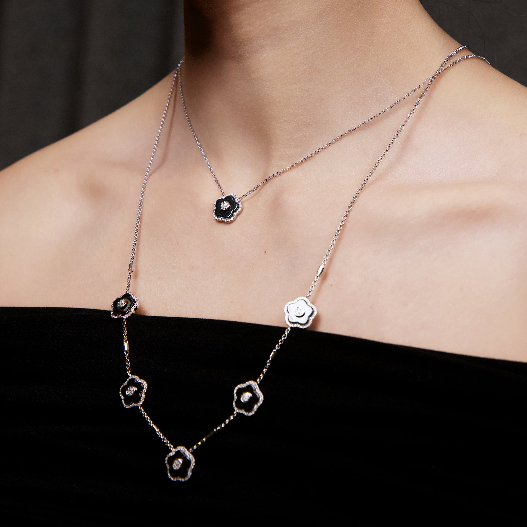 Cherry Blossom Ceramic Five Black Ceramic Flowers Silver Adjustable Necklace Silver Platinum Plated - 4B4317 - wear  - Black By Blue Brave
