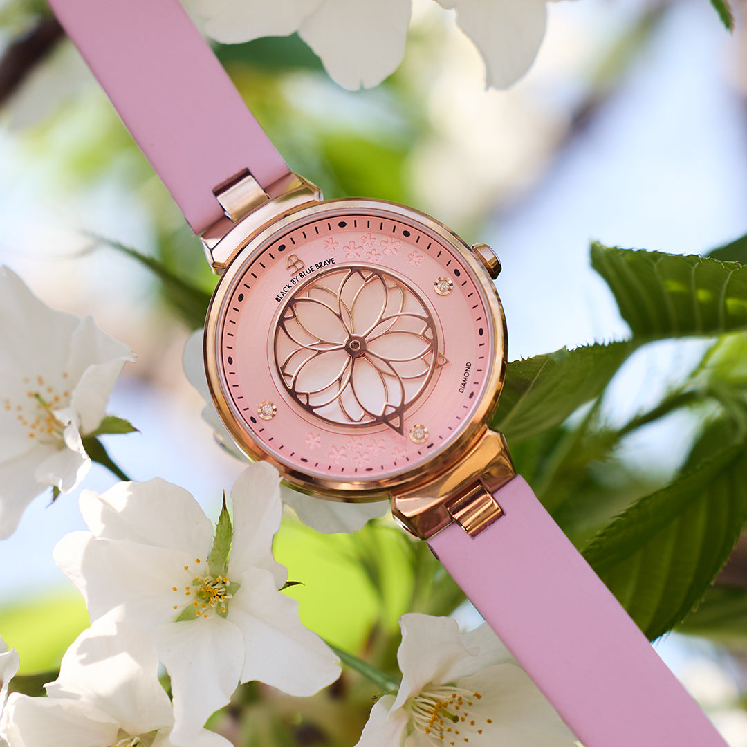 Cherry Blossom Pink Mother Of Pearl Dial Genuine Diamonds Sakura Petal Hand Leather Strap Watch - BLACK BY BLUE BRAVE
