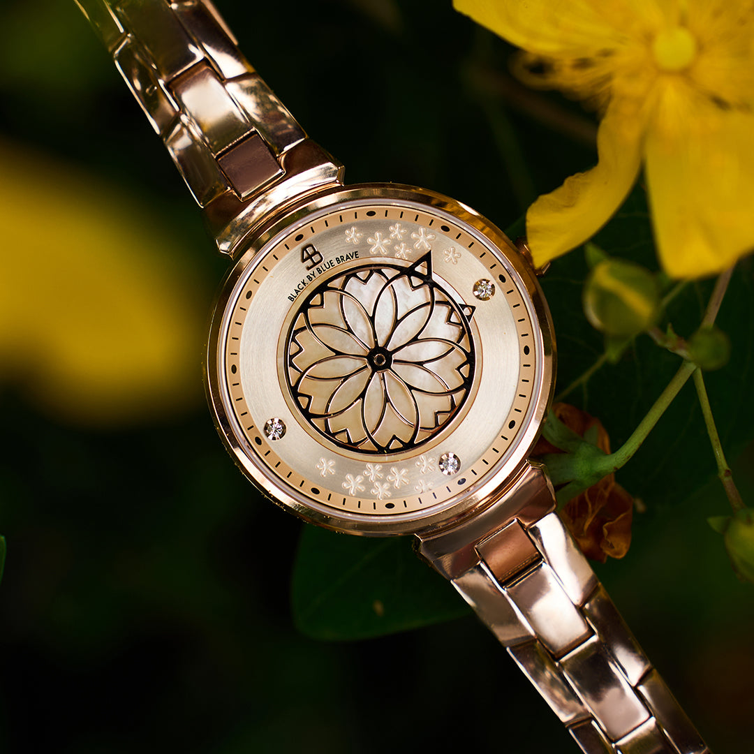 Cherry Blossom 32mm Champagne Mother Of Pearl Dial Sakura Petal Hand Rose Gold Bracelet Watch