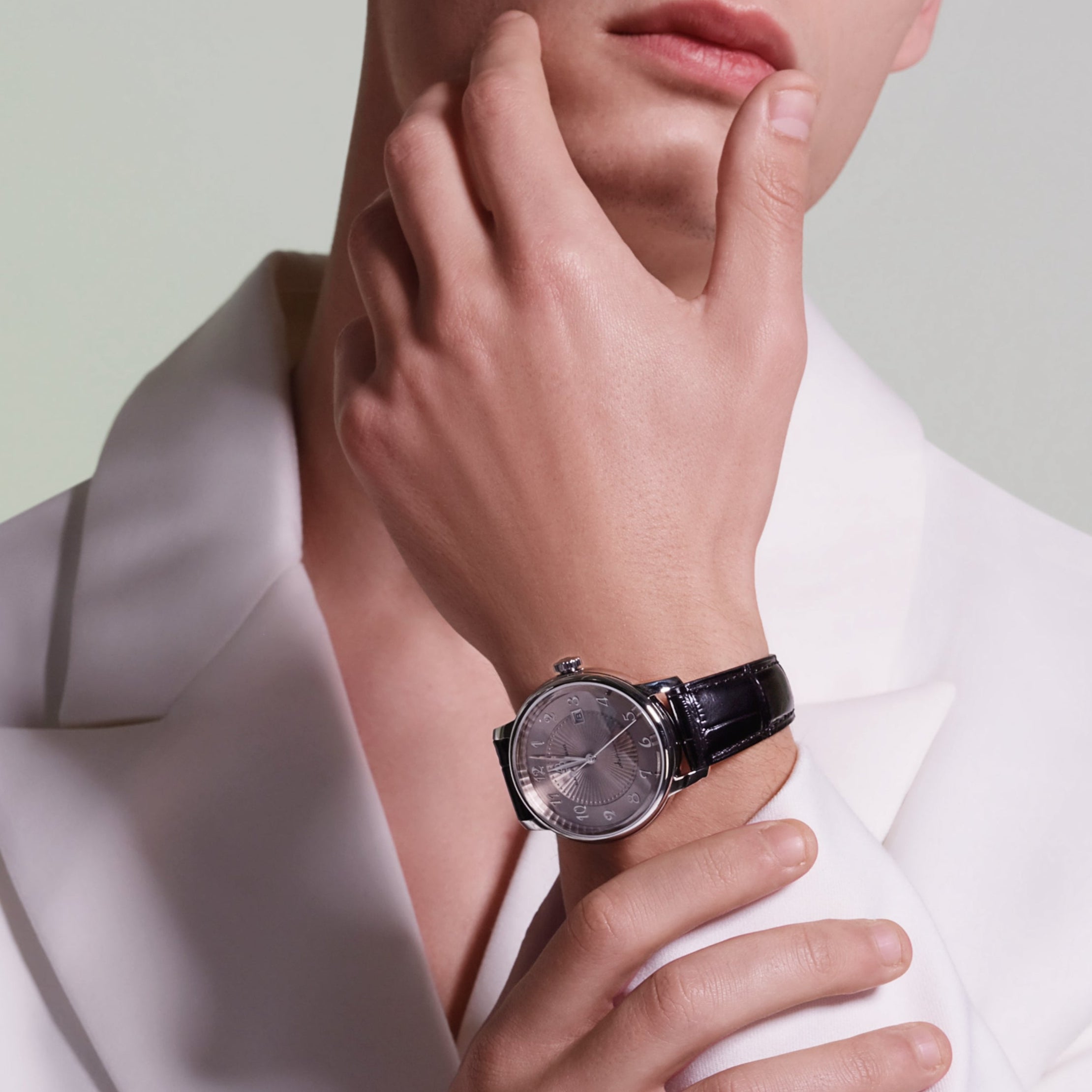 Classic 1986 42mm Flinqué Grey Arabic Dial Black Leather Strap Automatic Watch - 4B1219 - wrist - Black By Blue Brave