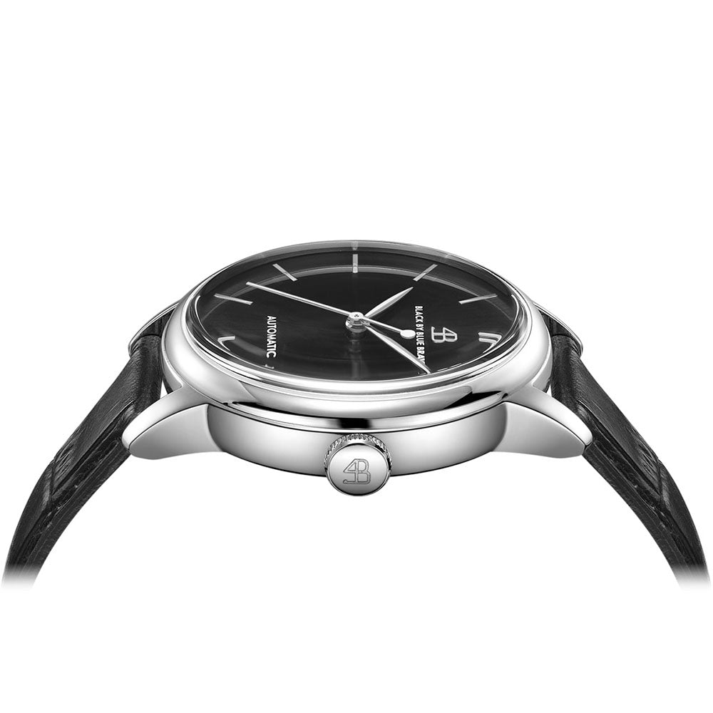 Classic 1986 42mm Black Dial Domed Sapphire Glass Leather Strap Automatic Watch - 4B2203 - side view - Black By Blue Brave