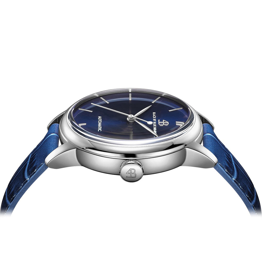 Classic 1986 42mm Blue Dial Domed Sapphire Glass Leather Strap Automatic Watch - 4B2204 - side view - Black By Blue Brave
