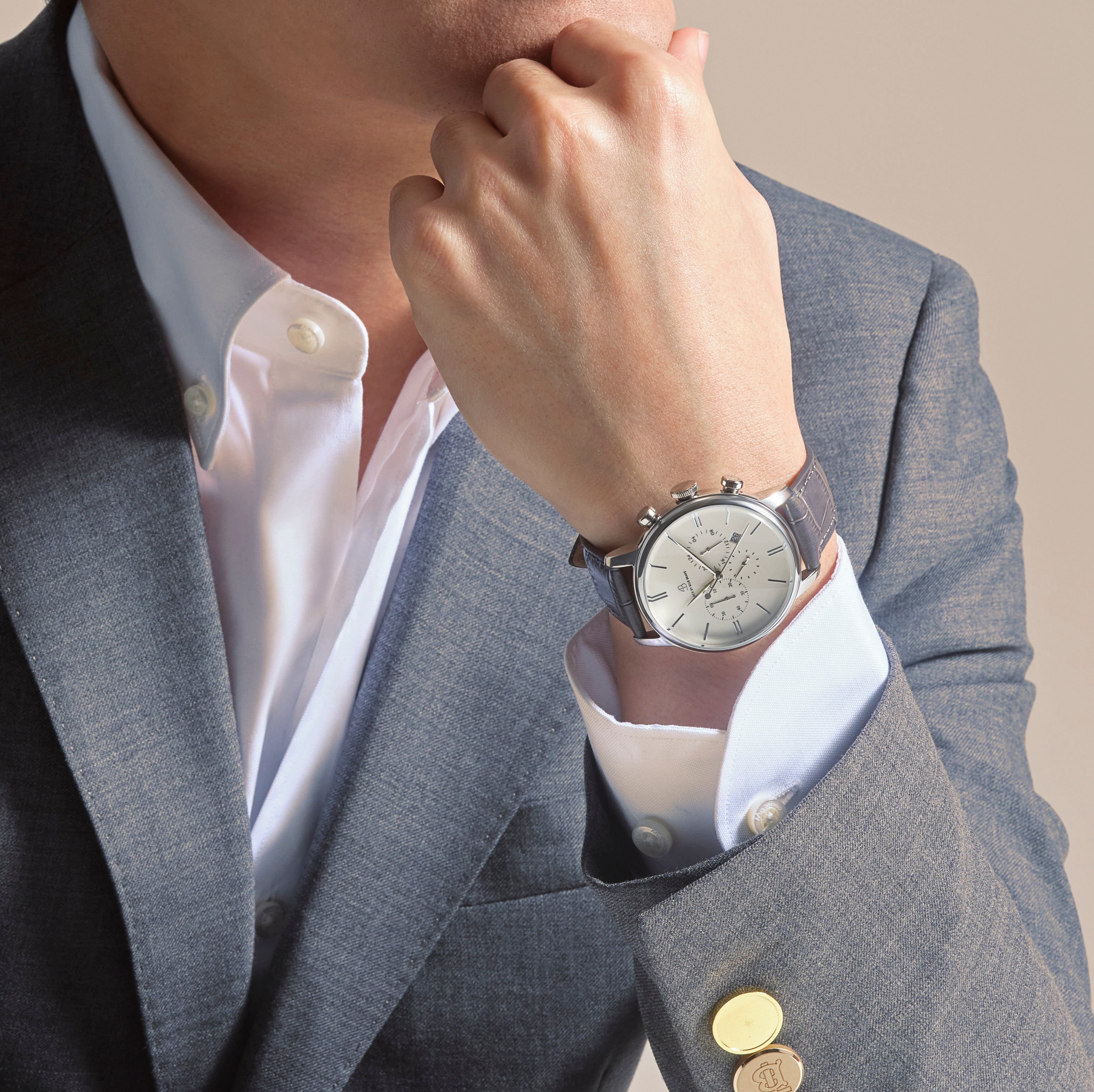 Classic 1986 42mm Chronograph Ivory White Dial Grey Leather Strap Watch - 4B2212 - wear - Black By Blue Brave
