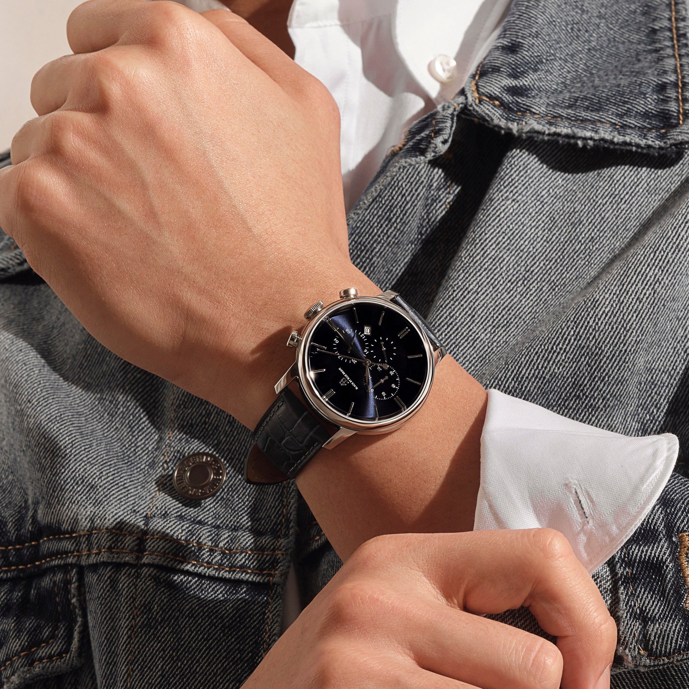 Classic 1986 42mm Chronograph Blue Dial Leather Strap Watch - 4B2213 - Wear - Black By Blue Brave
