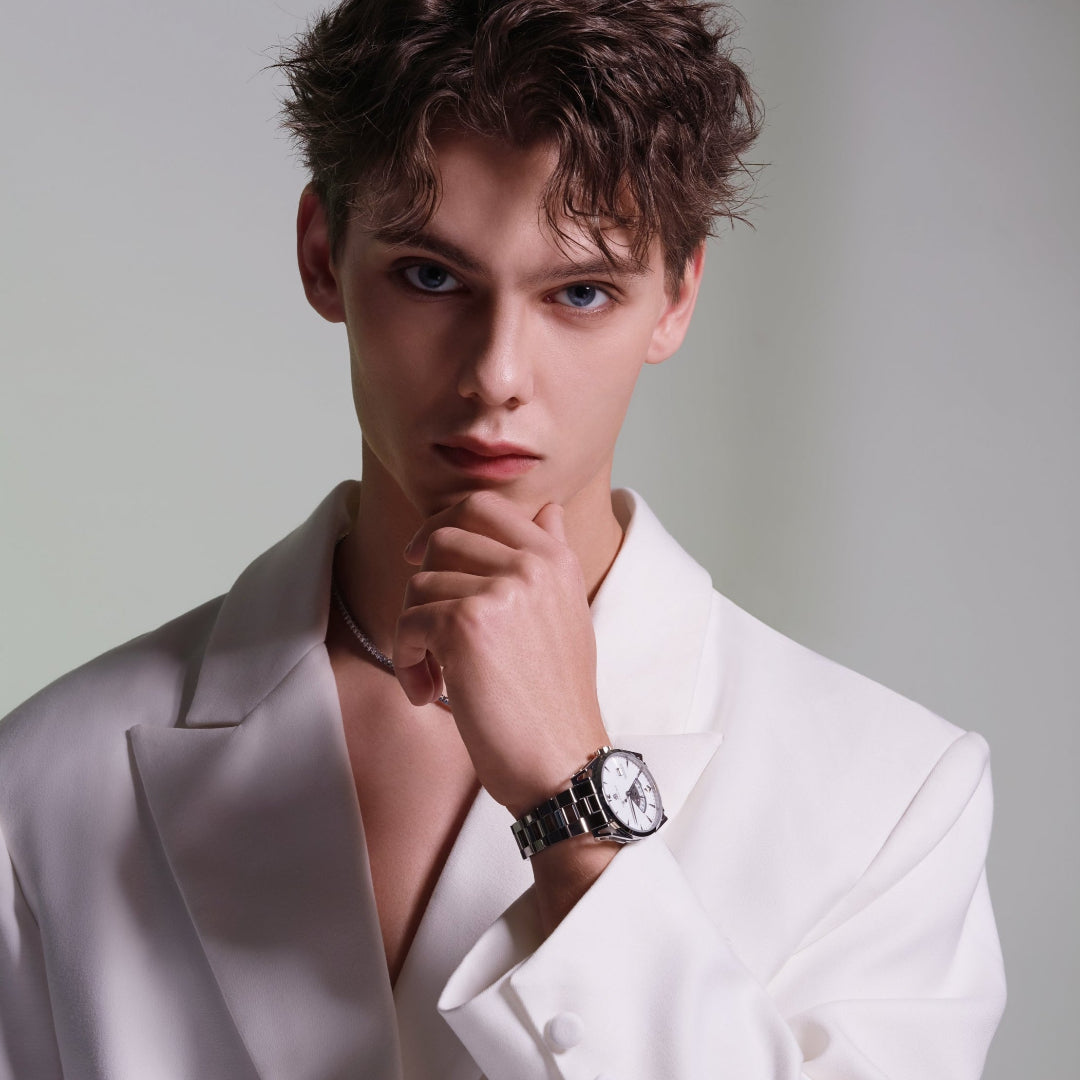 Classic 2024 40mm White Dial Silver Bracelet Automatic Watch - 4B1221 - Model wearing - Black By Blue Brave