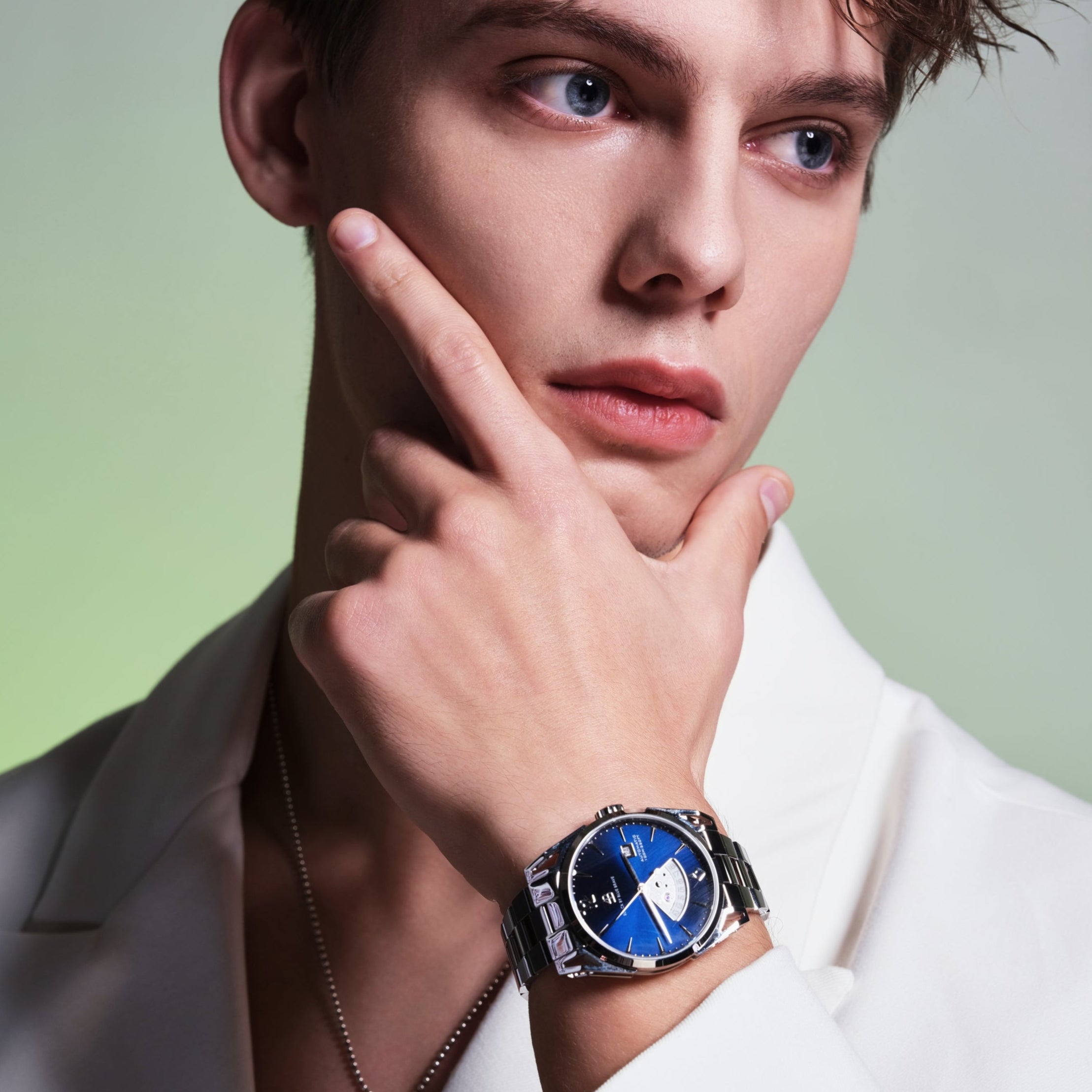 Classic 2024 40mm Blue Dial Silver Bracelet Automatic Watch - 4B1223 - Model wearing - Black By Blue Brave