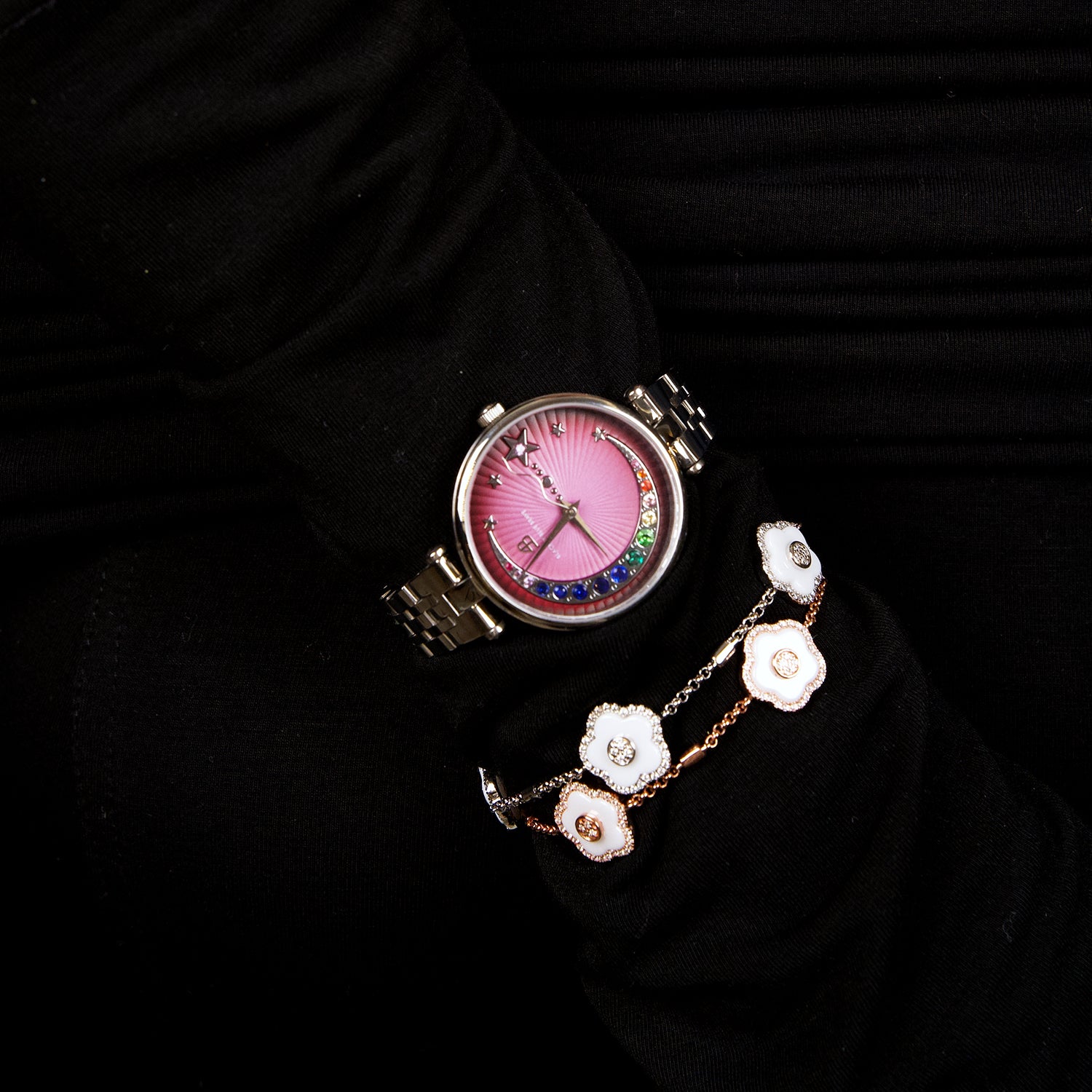 Crescent Moon 32mm Purple Dial Rainbow Cubic Zirconia Silver Bracelet Watch - 4B11124 - wrist - Black By Blue Brave