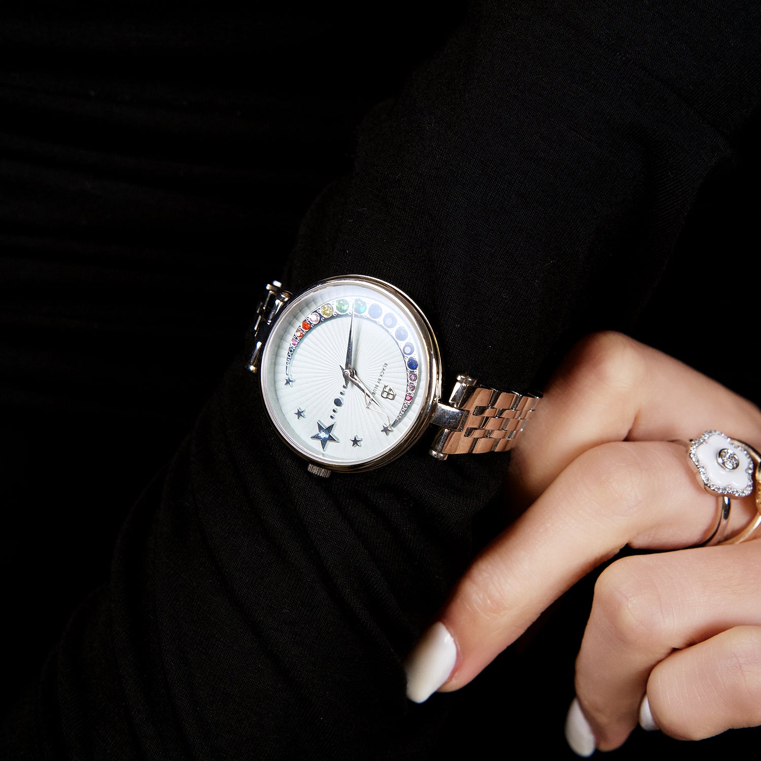 Crescent Moon 32mm Blue Dial Rainbow Cubic Zirconia Silver Bracelet Watch - 4B11125 - wrist - Black By Blue Brave