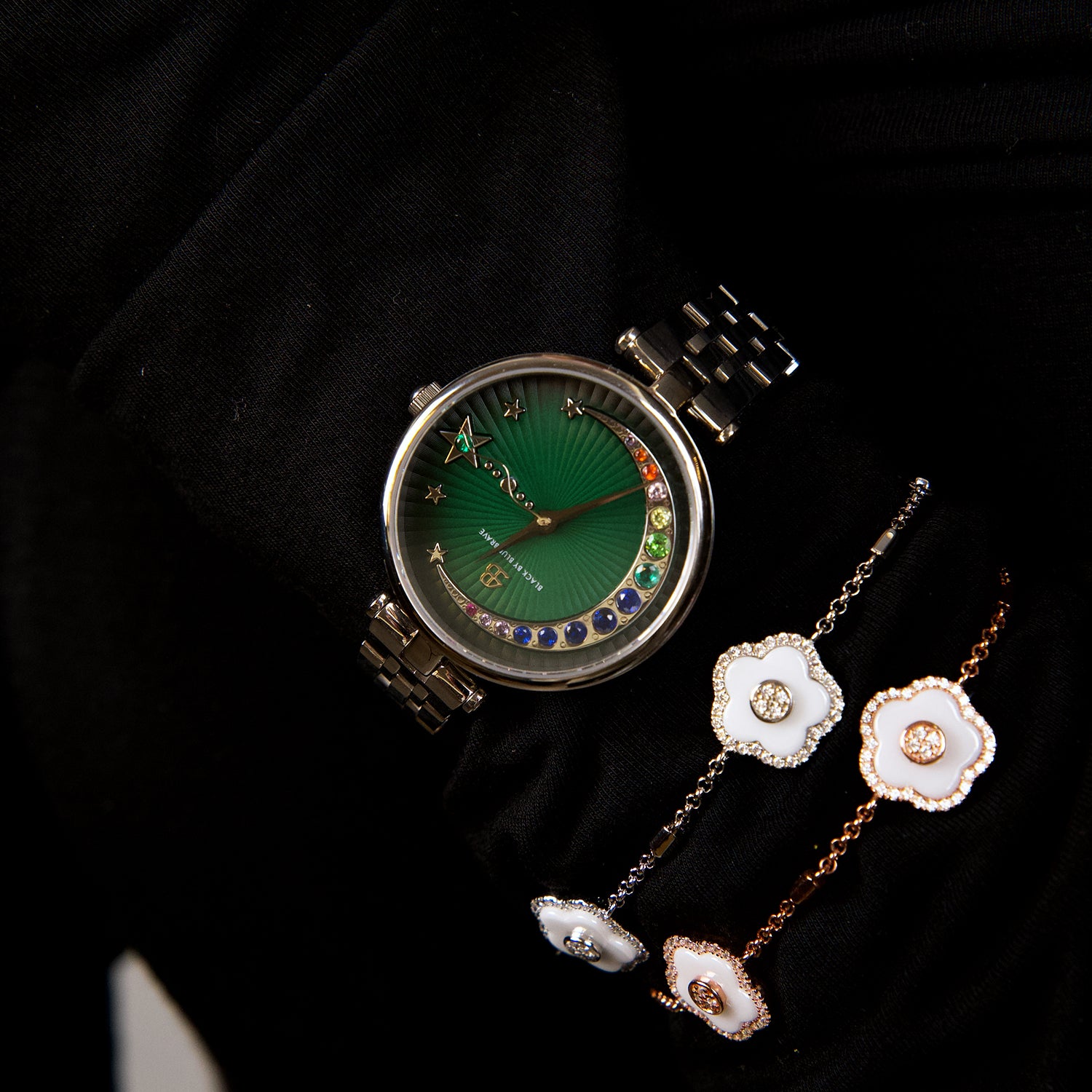 Crescent Moon 32mm Green Dial Rainbow Cubic Zirconia Silver Bracelet Watch - 4B11126 - wrist - Black By Blue Brave