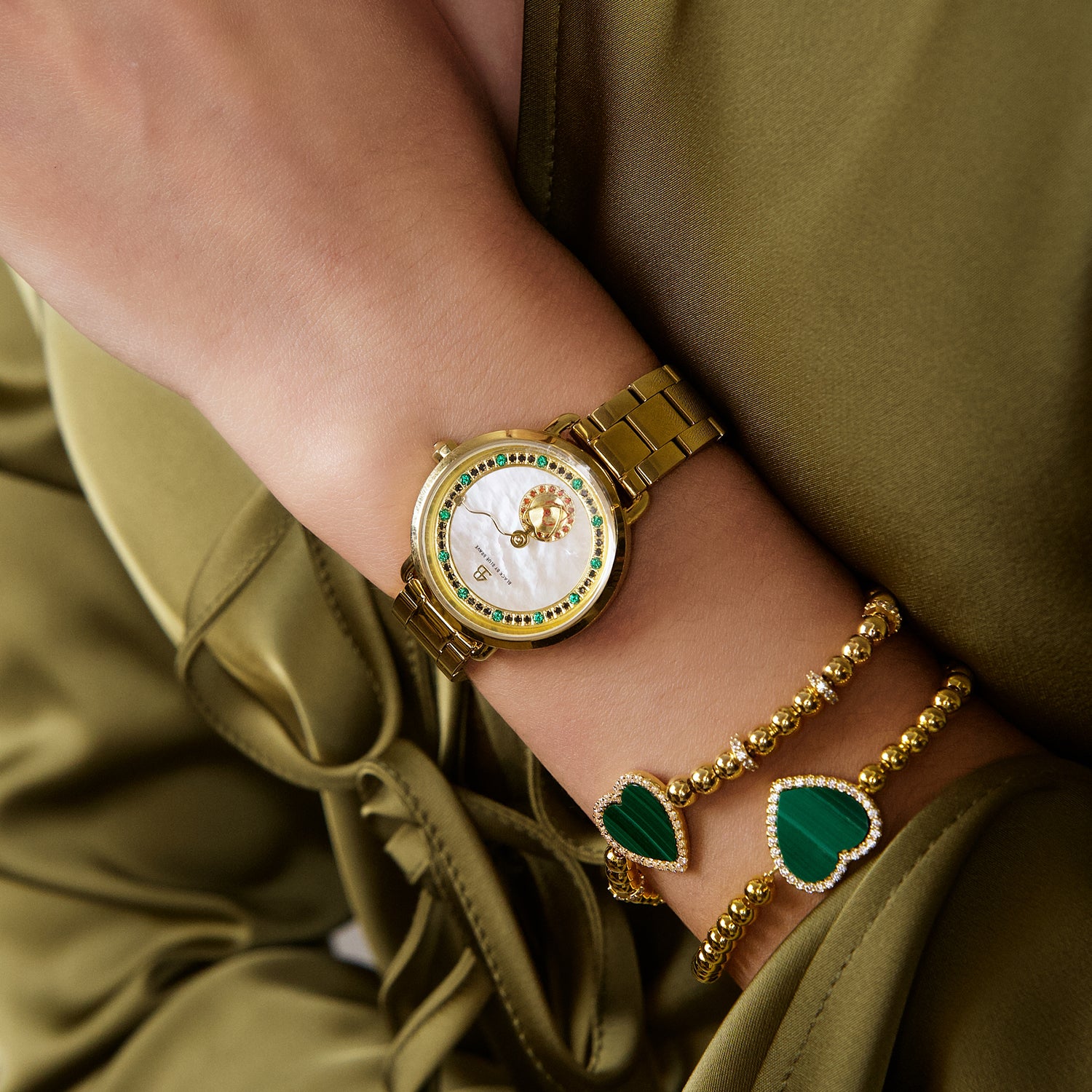 Cupid 28mm White Mother Of Pearl Dial Heart Shaped Hands Gold Bracelet Watch - 4B1190 - wrist - Black By Blue Brave