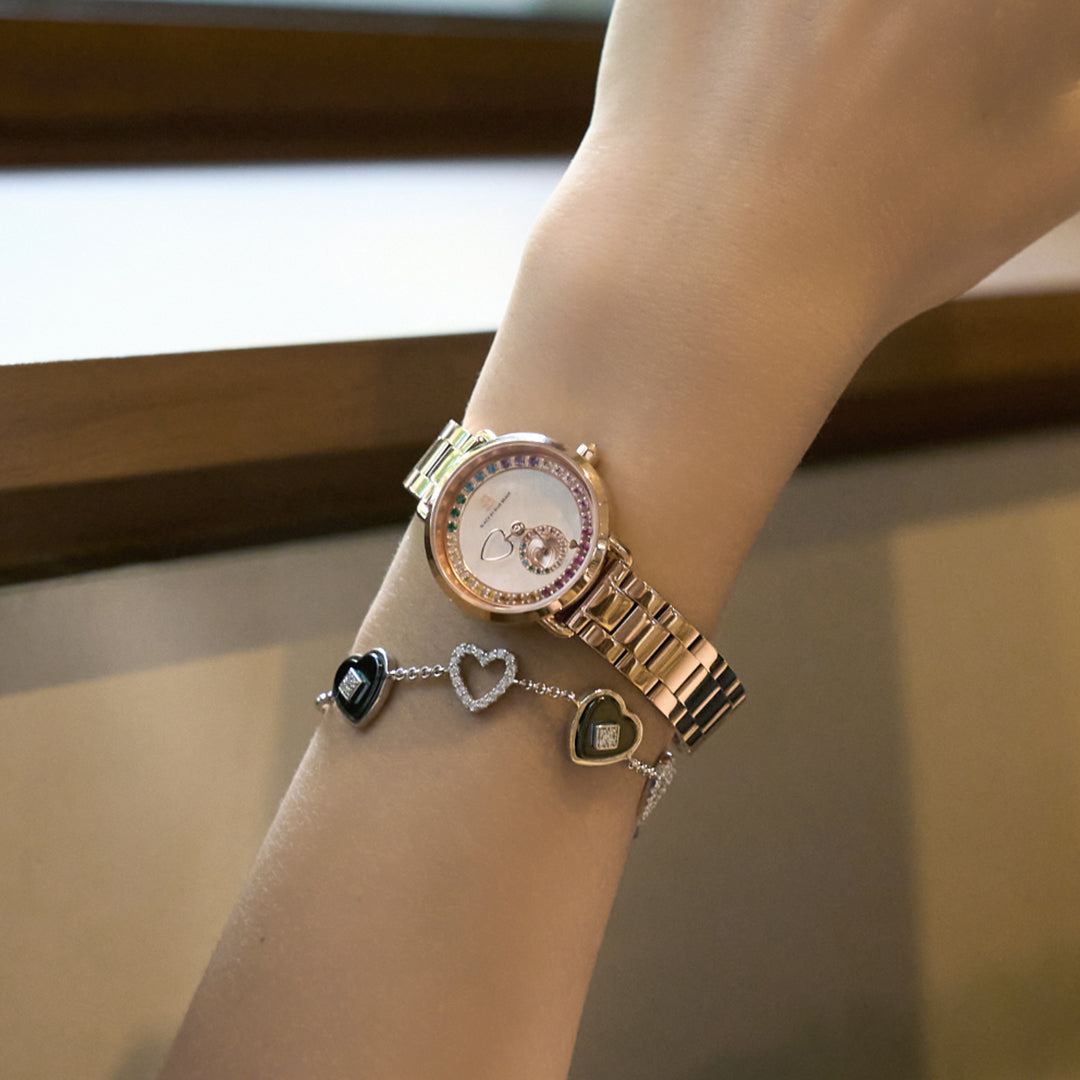 Cupid 28mm White Mother Of Pearl Dial Heart Shaped Hands Rose Gold Bracelet Watch - 4B1192 - wrist - Black By Blue Brave