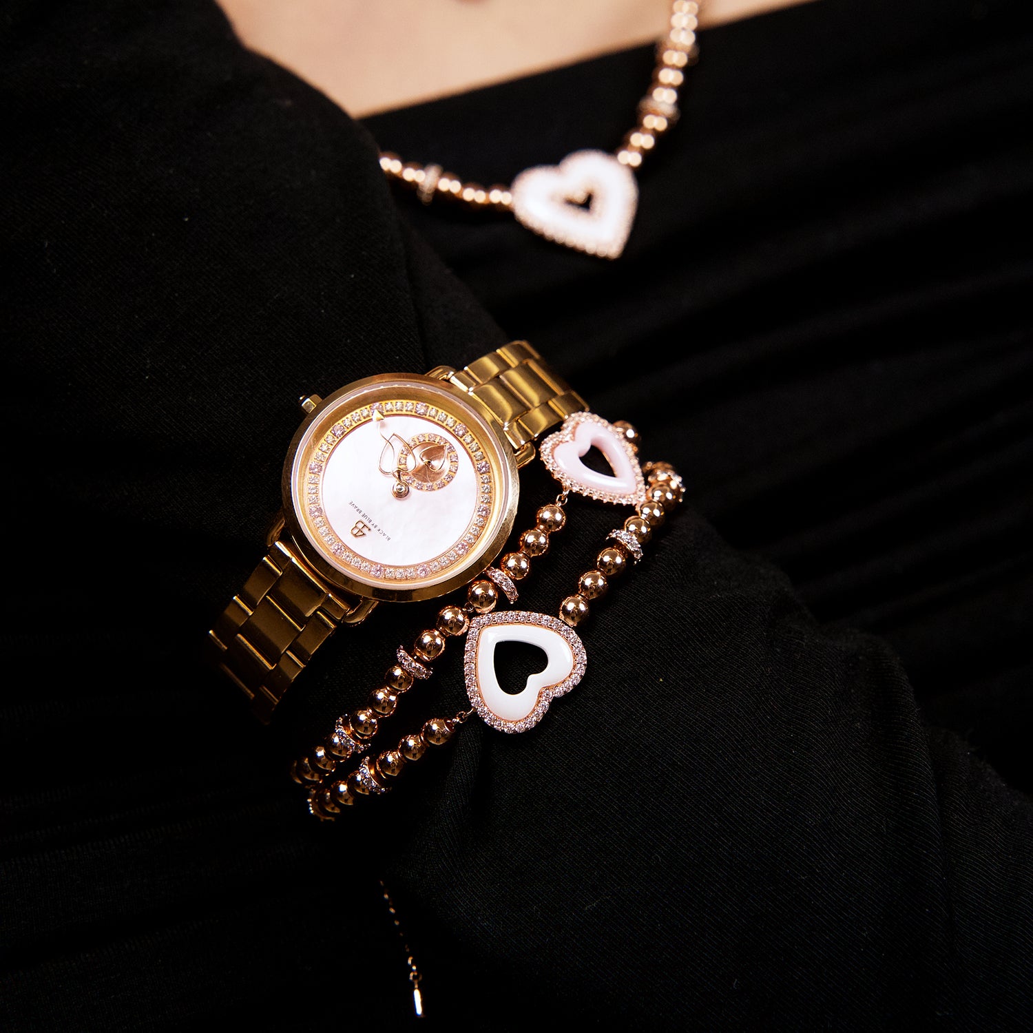 Cupid 28mm Pink Mother Of Pearl Dial Heart Shaped Hands Rose Gold Bracelet Watch - 4B1193 - wrist - Black By Blue Brave