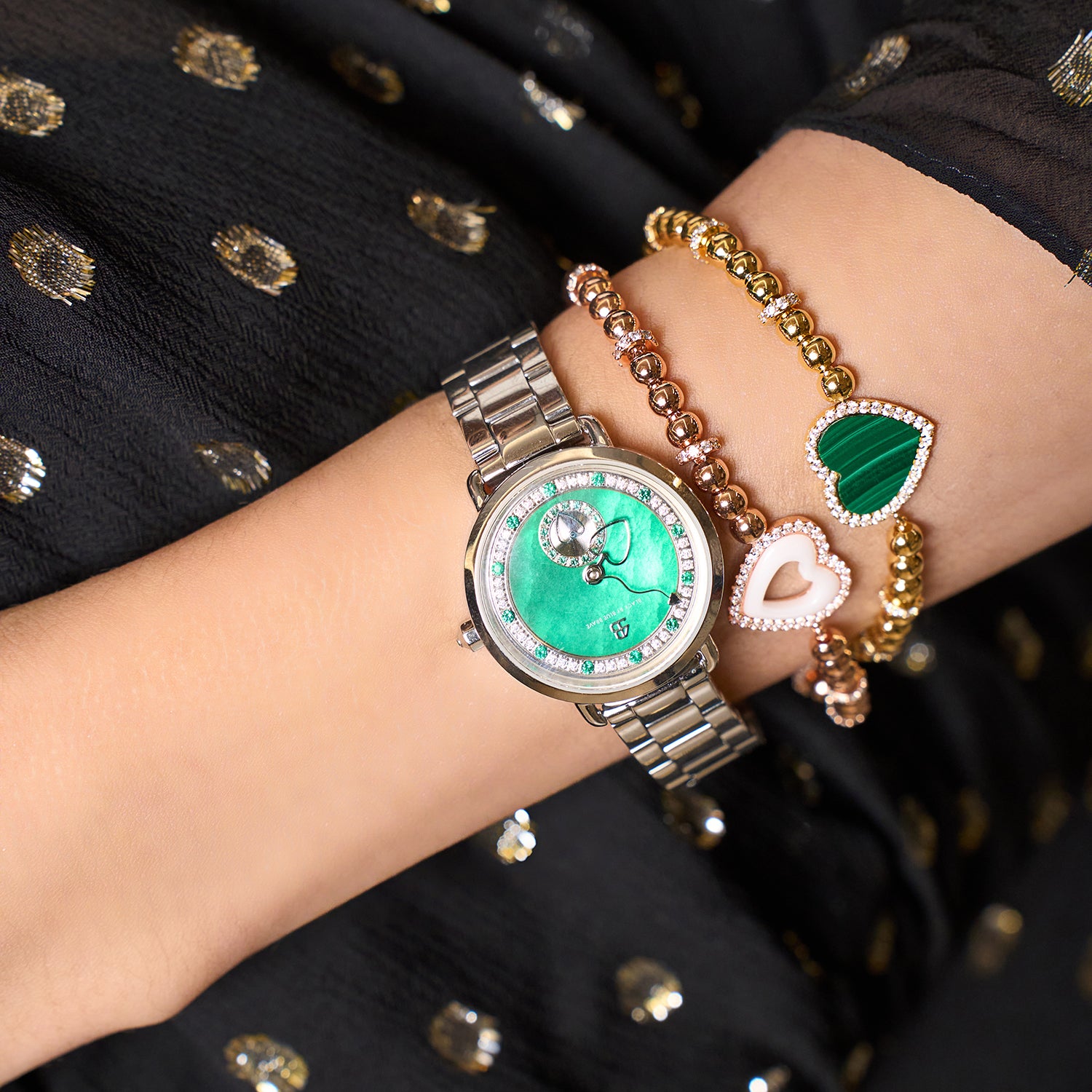 Cupid 28mm Green Mother Of Pearl Dial Heart Shaped Hands Silver Bracelet Watch - 4B1294 - wrist - Black By Blue Brave