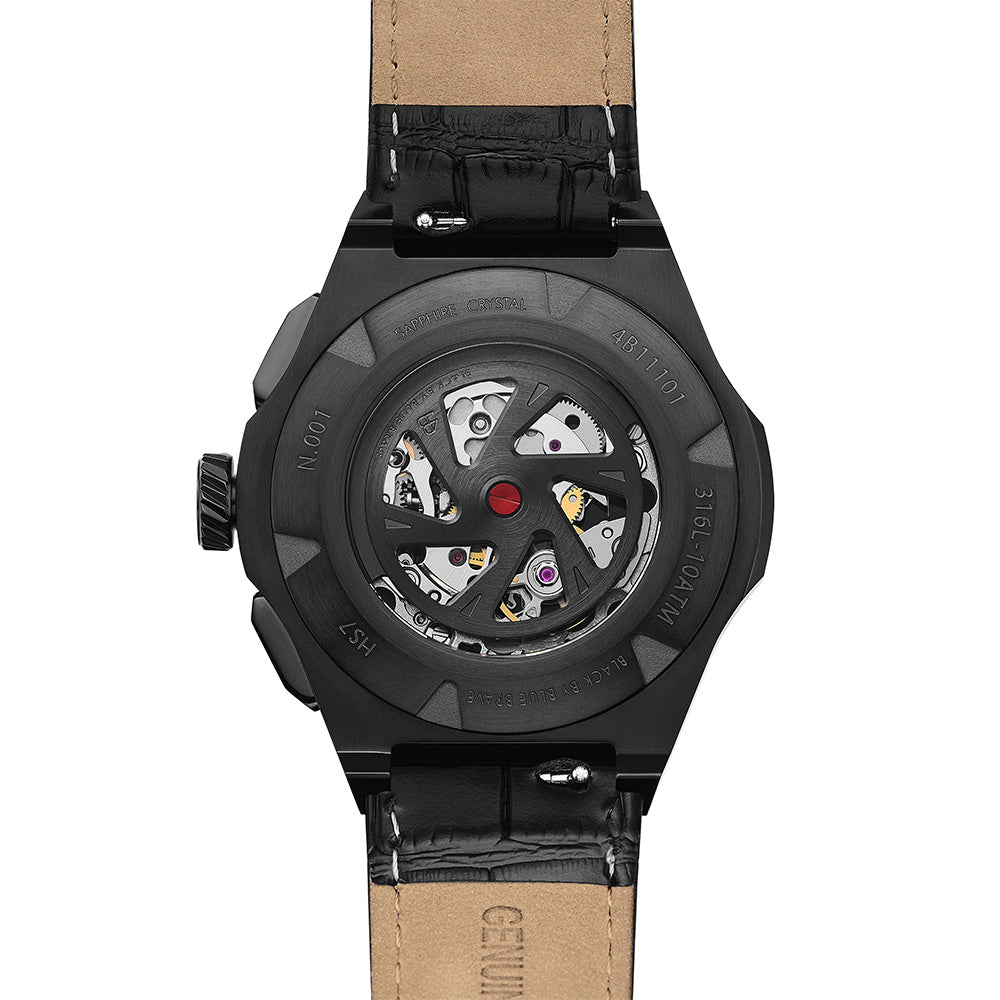 HS7 43mm Black Wheel Dial Black Leather Strap Automatic - 4B11101 - Back side - Black By Blue Brave
