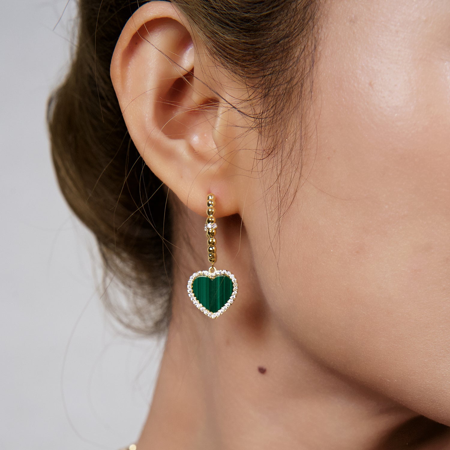 Love Heart Malachite Earrings 18K Gold Plated 20mm - 4B4327 - wear - Black By Blue Brave
