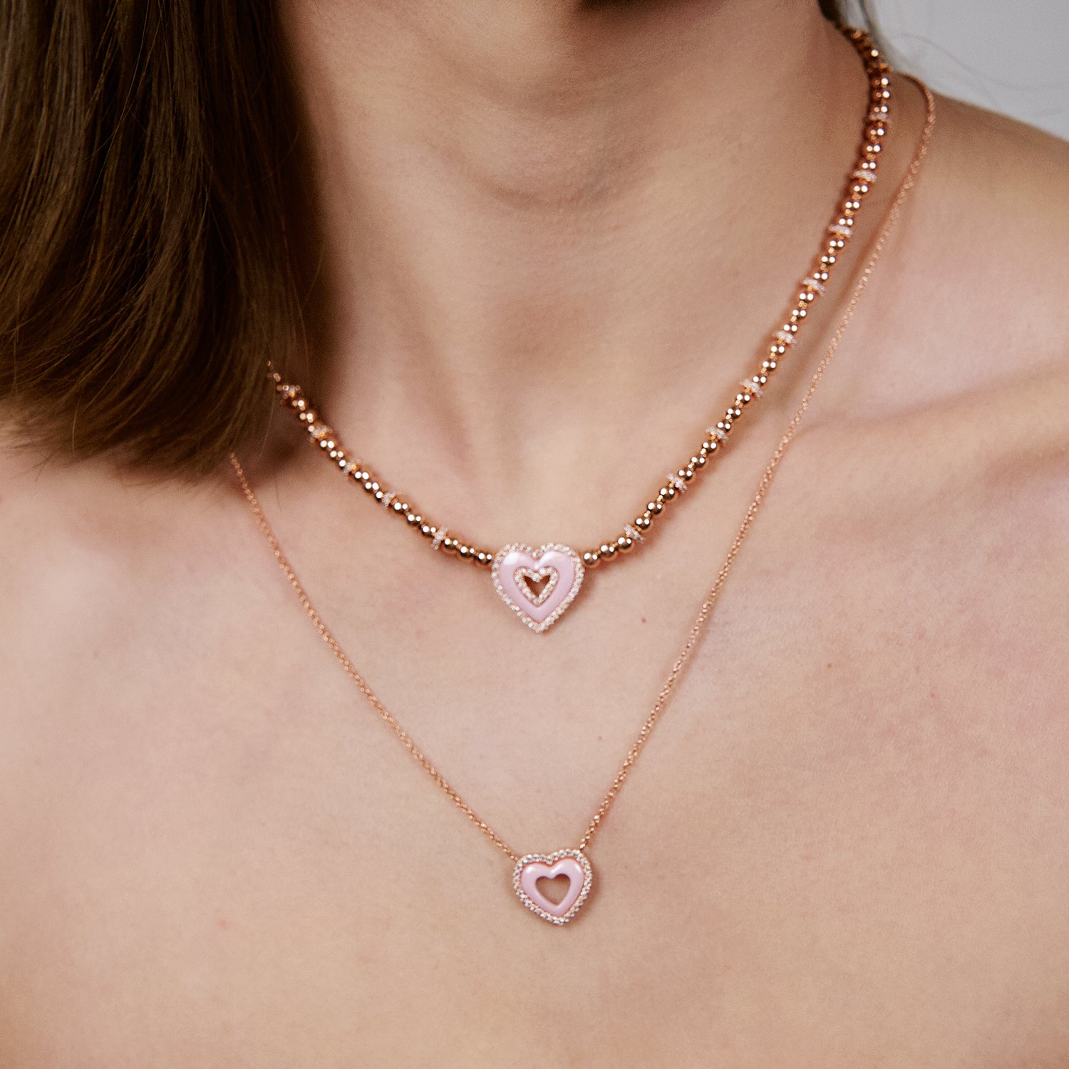 Love Heart Pink Ceramic Necklace 18K Rose Gold Plated - 4B4343 - wear  - Black By Blue Brave
