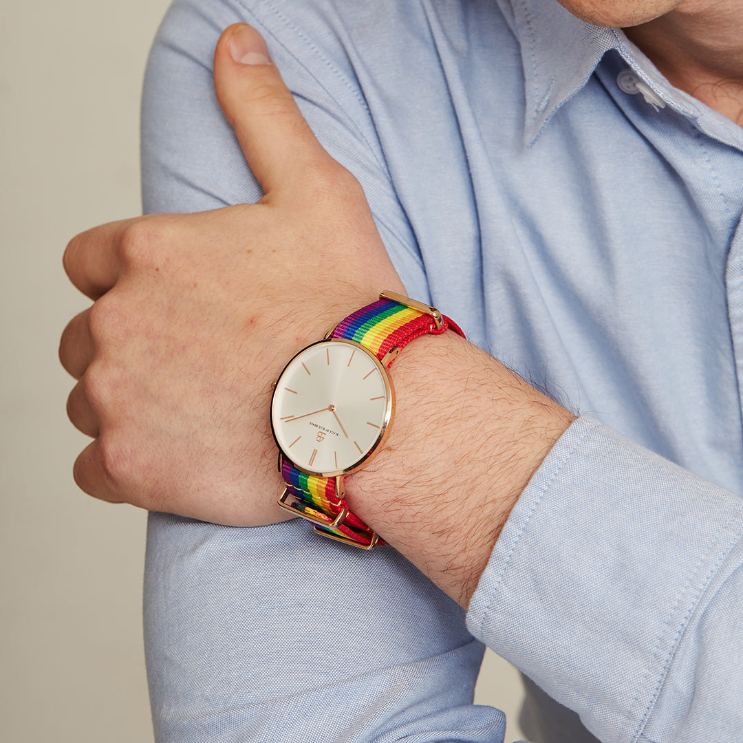 Love Wins 36mm/40mm Rosegold Case Rainbow Nylon Strap Watch - 4B0545 - wrist - Black By Blue Brave