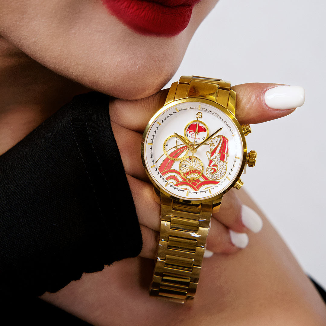 Merlion 40mm Red Dial Chronograph Moving Flyer Gold Bracelet Watch - 4B1163 - wrist - Black By Blue Brave