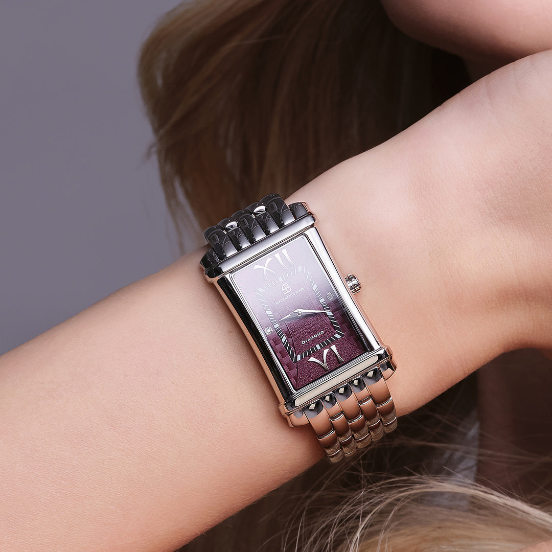 Monica 27*42mm Purple Guilloche Dial Genuine Diamonds Silver Bracelet Watch - 4B1273 - wrist - Black By Blue Brave