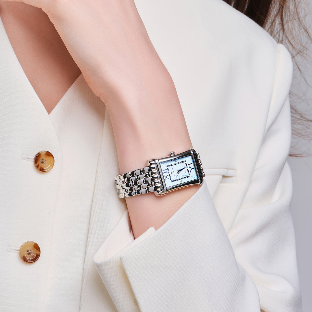 Monica 27*42mm Blue Guilloche Dial Genuine Diamonds Silver Bracelet Watch - 4B1274 - wrist - Black By Blue Brave