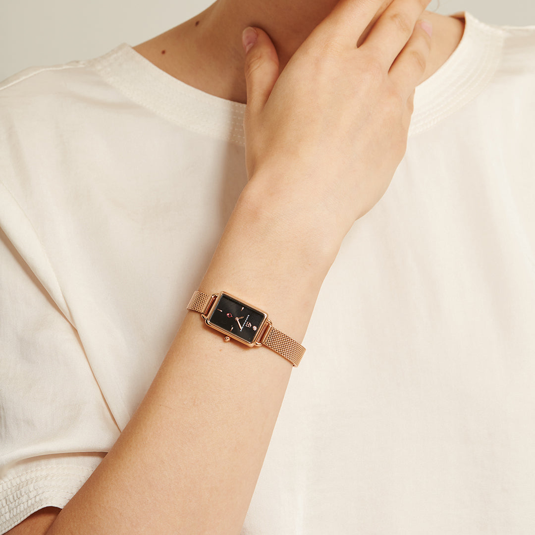 Vesta 20*27mm Black Dial Genuine Diamond Rosegold Bracelet Watch - 4B6023 - Wear - Black By Blue Brave
