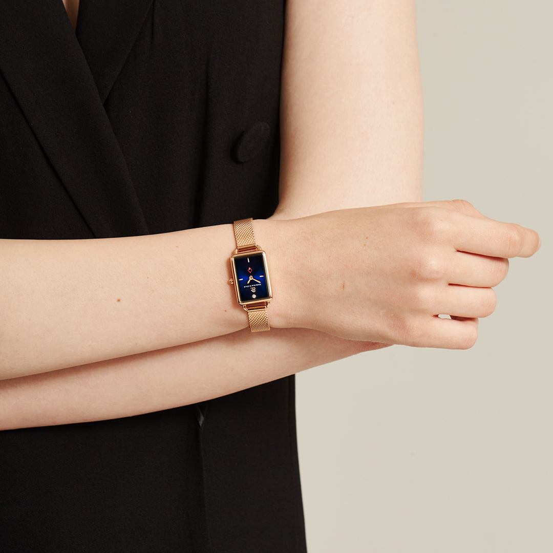 Vesta 20*27mm Blue Dial Genuine Diamond Rosegold Bracelet Watch - 4B6024 - Wear - Black By Blue Brave
