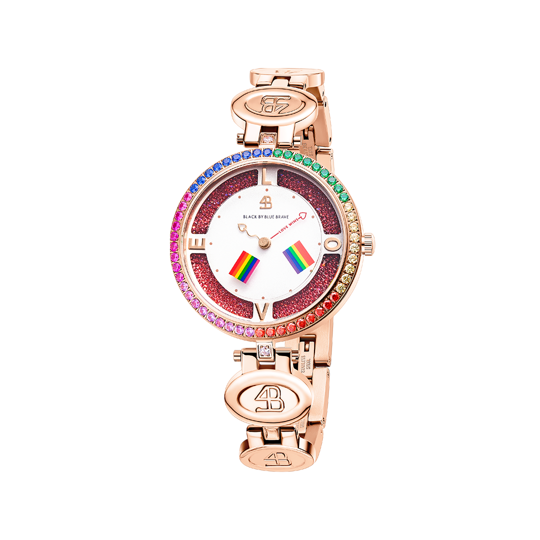 Love Wins 34mm Pink Dial Moving Rainbow Flag Rose Gold Bracelet Watch - BLACK BY BLUE BRAVE