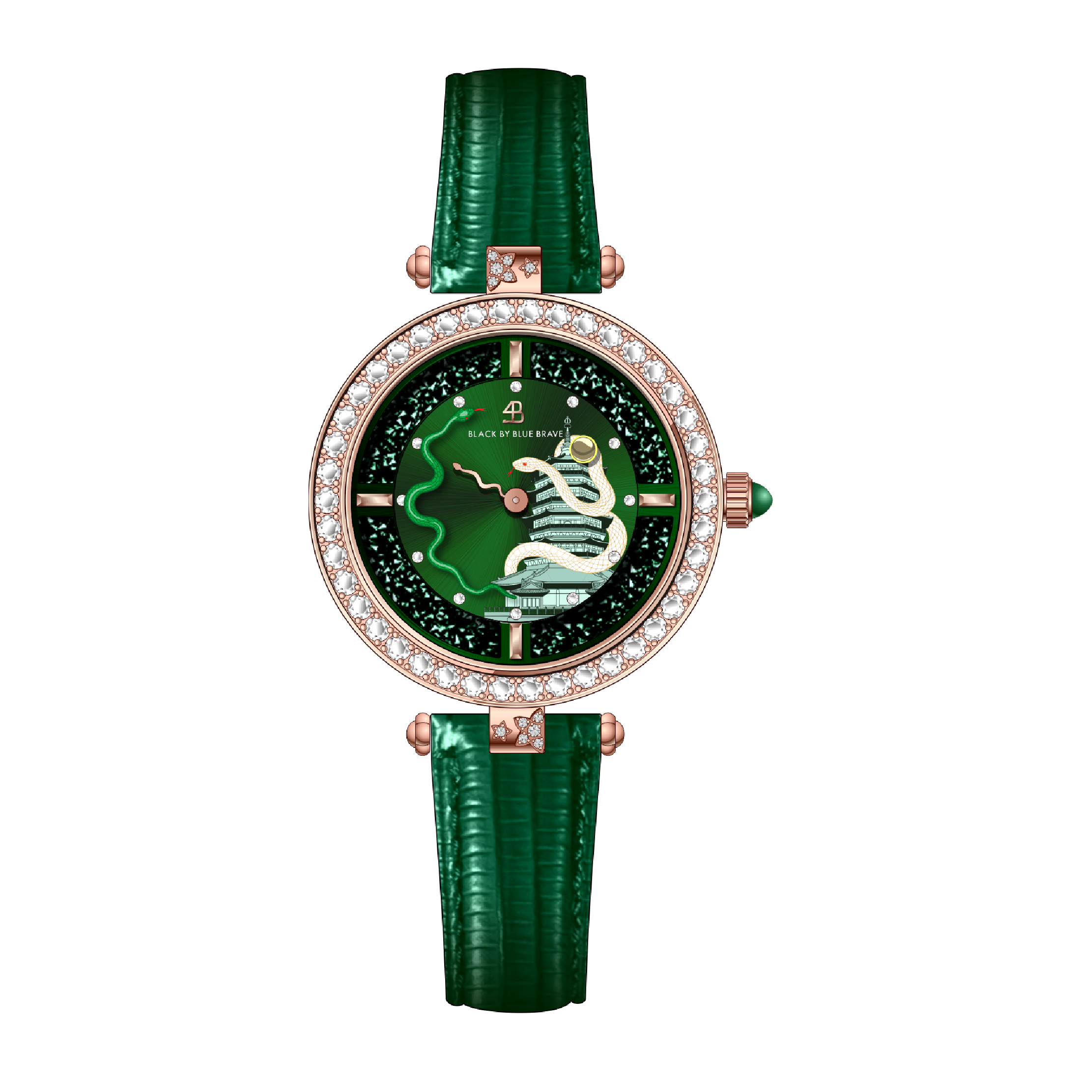 12 Zodiac Collection - Snake Watch 34mm (Green Dial with Moving Snake Hands and Leather Strap) - 4B06GL - front - Black By Blue Brave