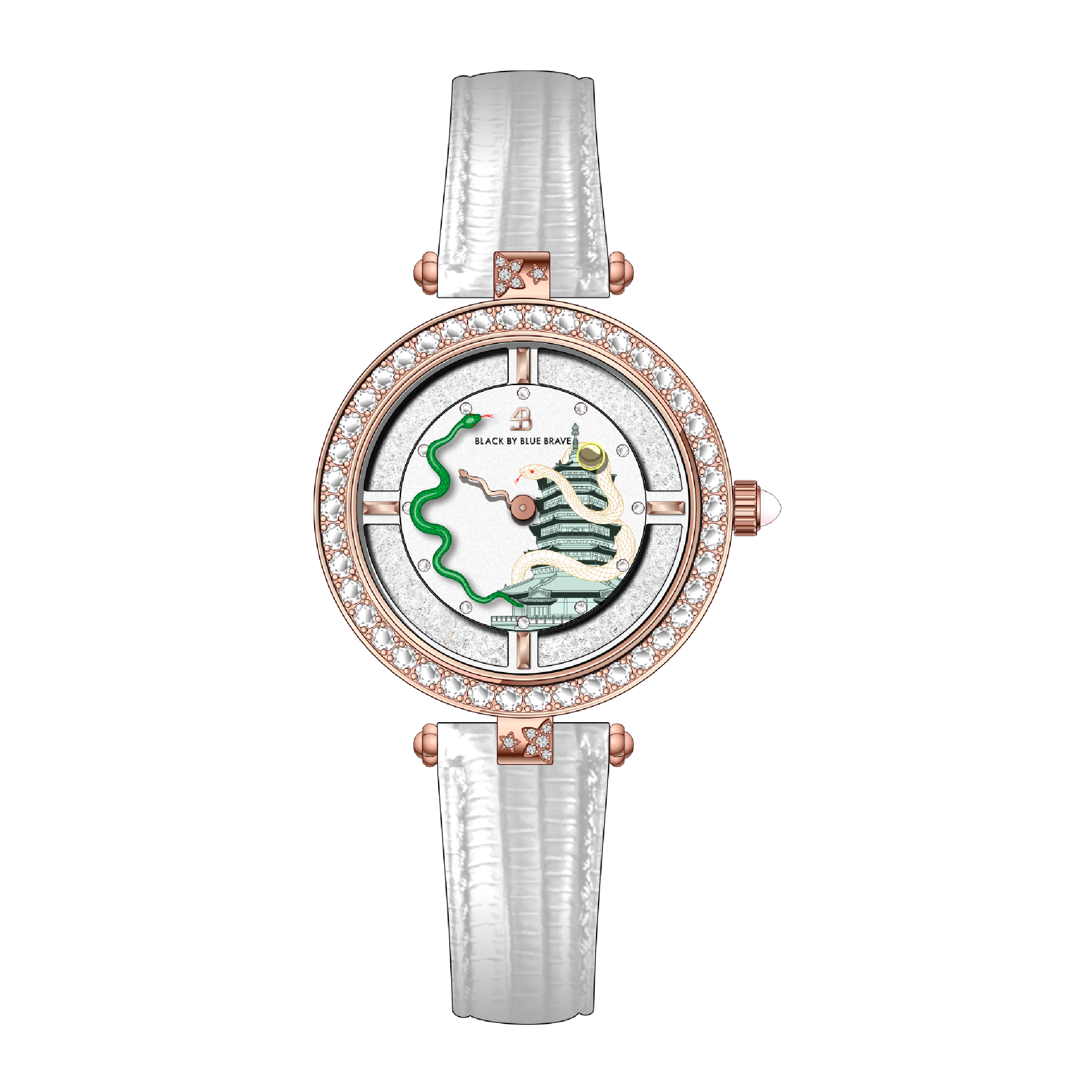 12 Zodiac Collection - Snake Watch 34mm (White Dial with Moving Snake Hands and Leather Strap) - 4B06WL - front - Black By Blue Brave