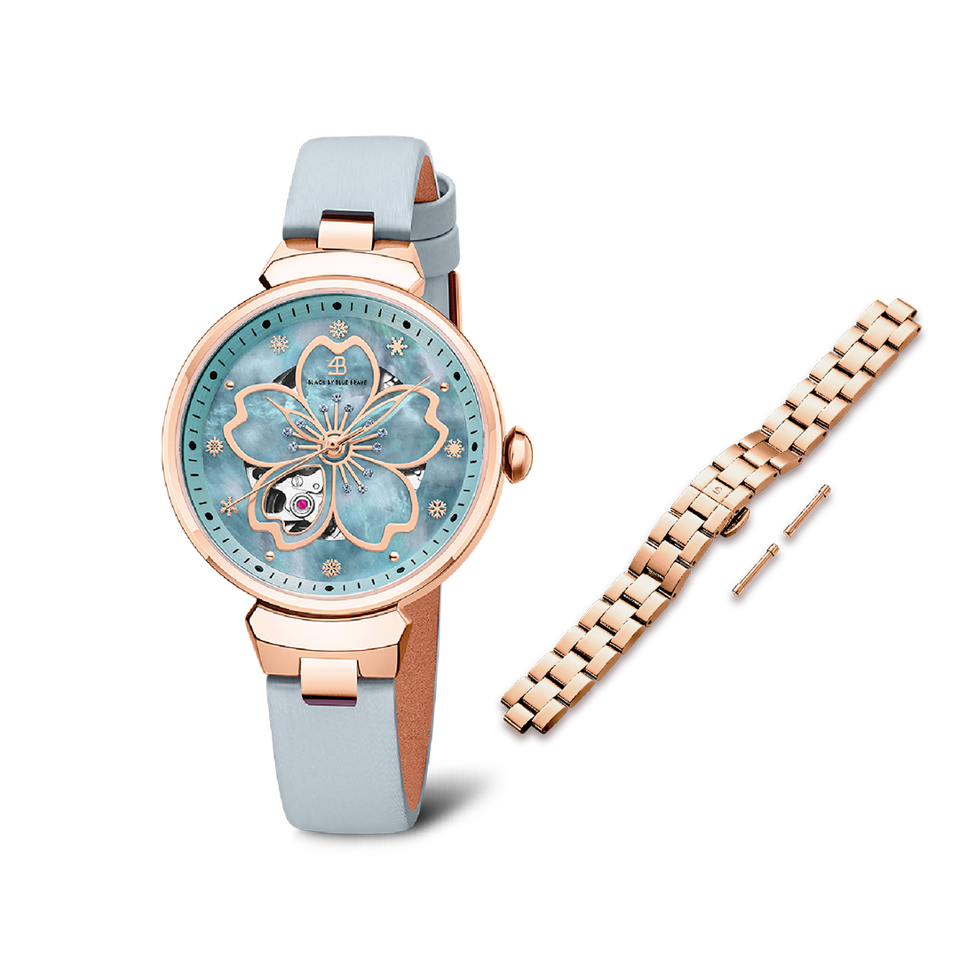Women's Watches-Blue Cherry Blossom Automatic Watch-Leather Strap Watch