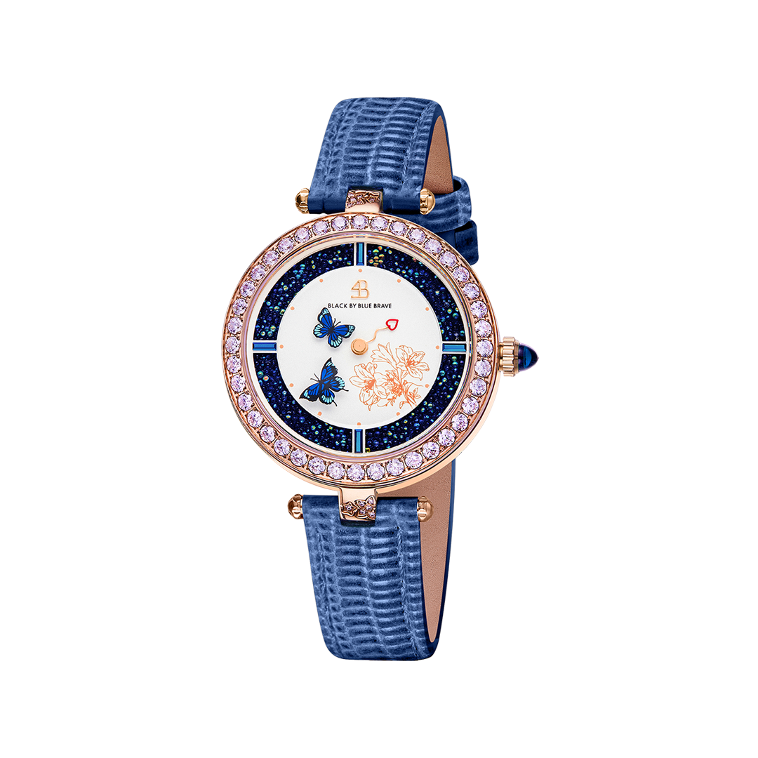 Butterfly Lovers 34mm Blue Dial Moving Butterfly Hands Leather Strap Watch - 4B11114 - front - Black By Blue Brave
